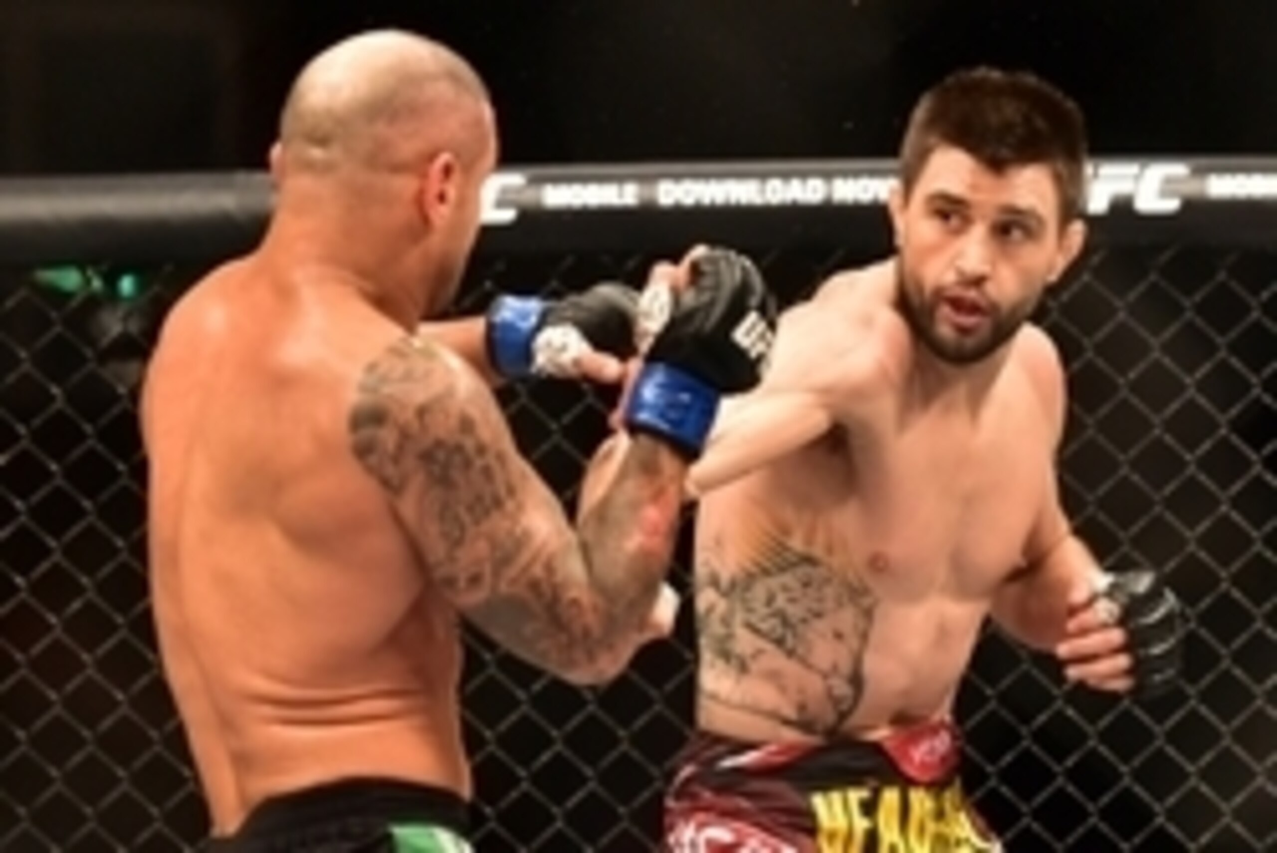 May 30, 2015; Goiania, GO, Brazil; Carlos Condit (red gloves) fights Thiago Alves (blue gloves) during UFC Fight Night at Goiania Arena. Mandatory Credit: Jason Silva-USA TODAY Sports