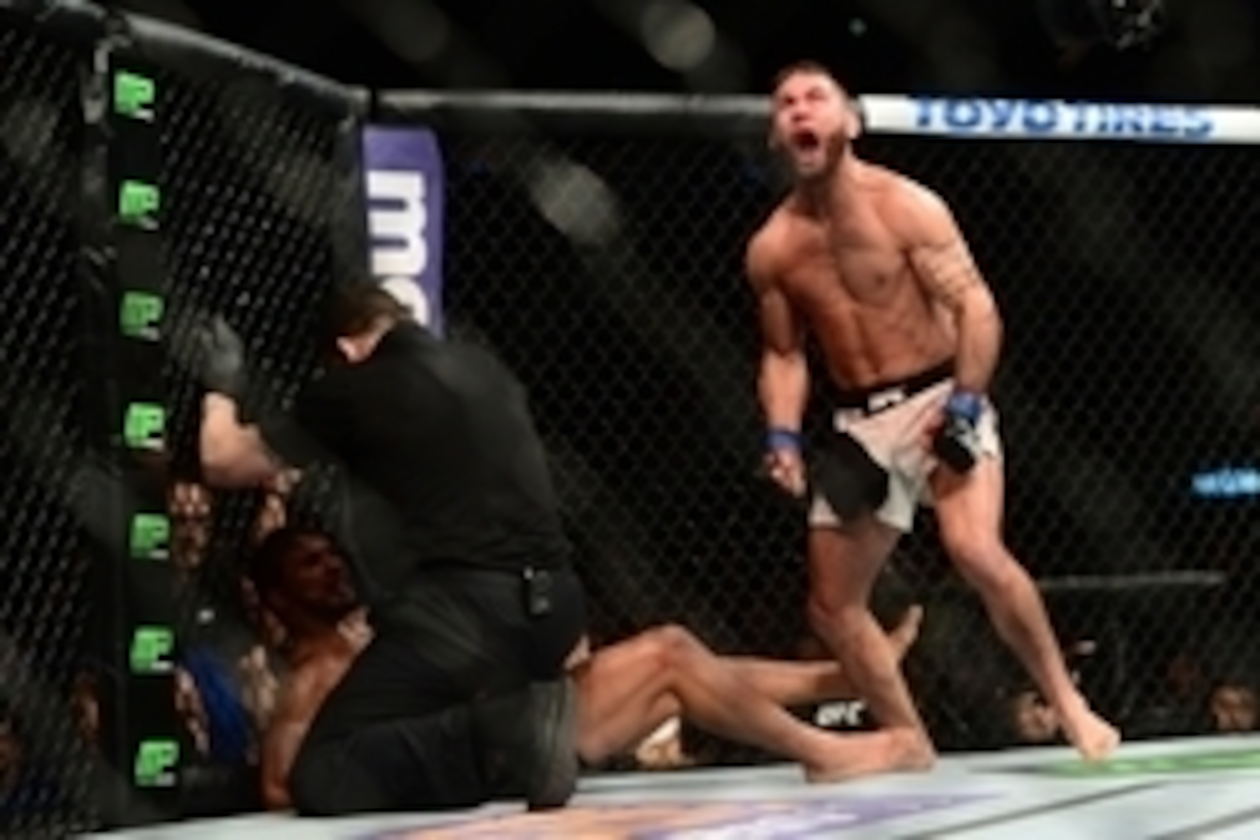 Jul 11, 2015; Las Vegas, NV, USA; Dennis Bermudez (red gloves) is knocked out by Jeremy Stephens (blue gloves) during UFC 189 at MGM Grand Garden Arena. Stephens won via third round TKO. Mandatory Credit: Joe Camporeale-USA TODAY Sports Jul 11, 2015; Las Vegas, NV, USA; Dennis Bermudez (red gloves) is knocked out by Jeremy Stephens (blue gloves) during UFC 189 at MGM Grand Garden Arena. Stephens won via third round TKO. Mandatory Credit: Joe Camporeale-USA TODAY Sports