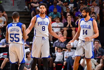 LAS VEGAS, NV - JULY 11:  Jahlil Okafor #8 of the Philadelphia 76ers celebrates during the game against the Los Angeles Lakers on July 11, 2015 at Cox Pavilion in Las Vegas, Nevada. NOTE TO USER: User expressly acknowledges and agrees that, by downloading