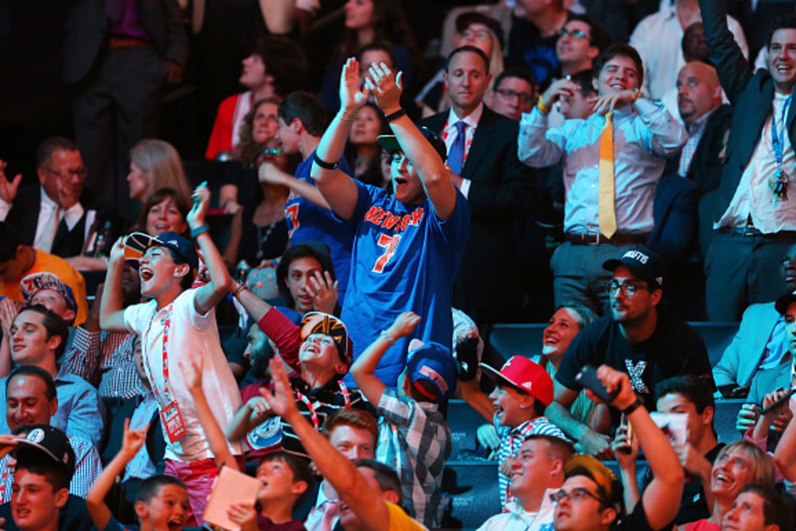 NEW YORK, NY - JUNE 25: Fans cheer after Kristaps Porzingis was selected fourth overall by the New York Knicks in the First Round of the 2015 NBA Draft at the Barclays Center on June 25, 2015 in the Brooklyn borough of  New York City. NOTE TO USER: User e