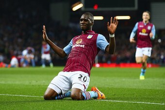 BIRMINGHAM, ENGLAND - APRIL 07:  Christian Benteke of Aston Villa (20) celebrates as he scores their second goal during the Barclays Premier League match between Aston Villa and Queens Park Rangers at Villa Park on April 7, 2015 in Birmingham, England.  (
