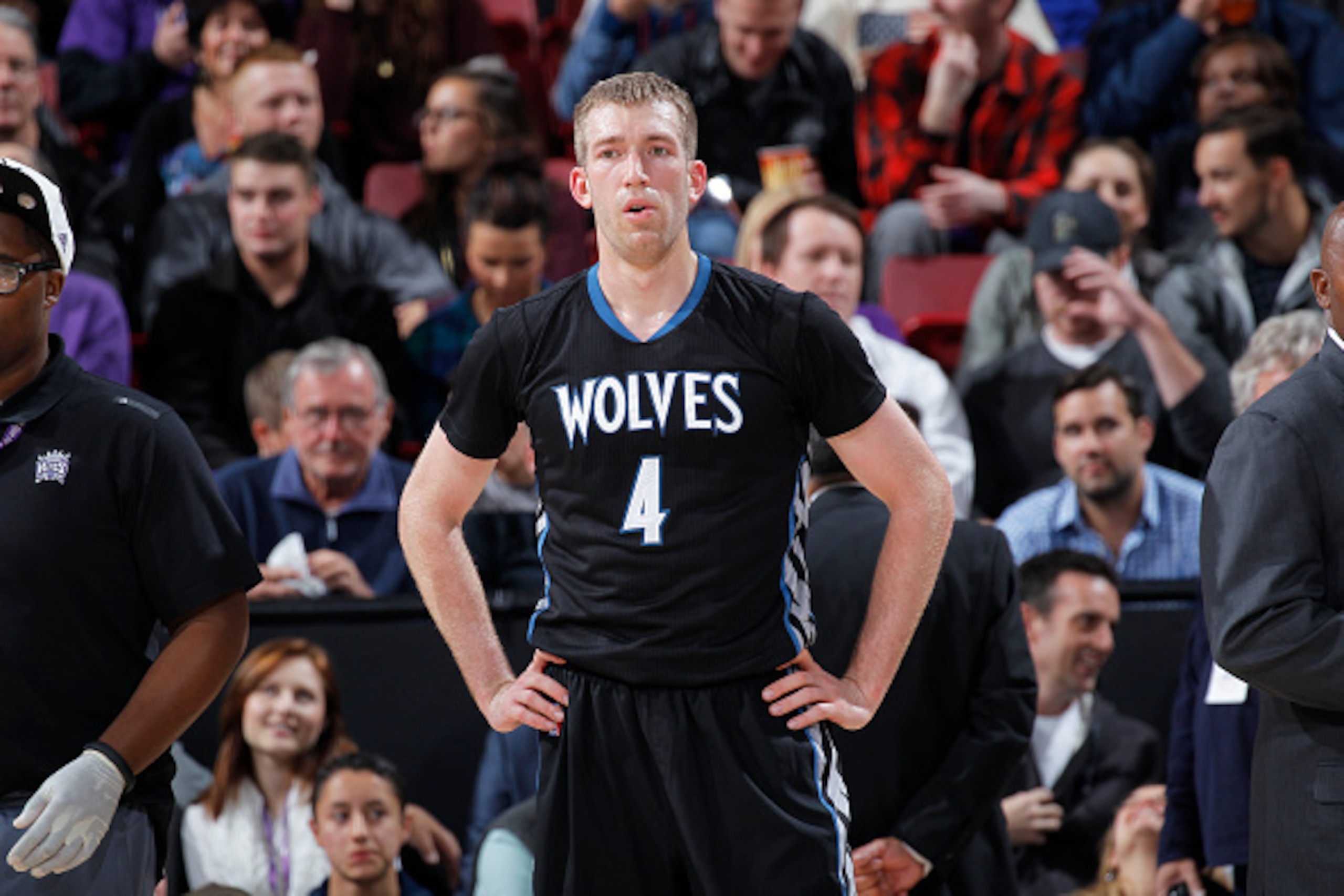 SACRAMENTO, CA - APRIL 7: Robbie Hummel #4 of the Minnesota Timberwolves looks on during the game against the Sacramento Kings on April 7, 2015 at Sleep Train Arena in Sacramento, California. NOTE TO USER: User expressly acknowledges and agrees that, by d