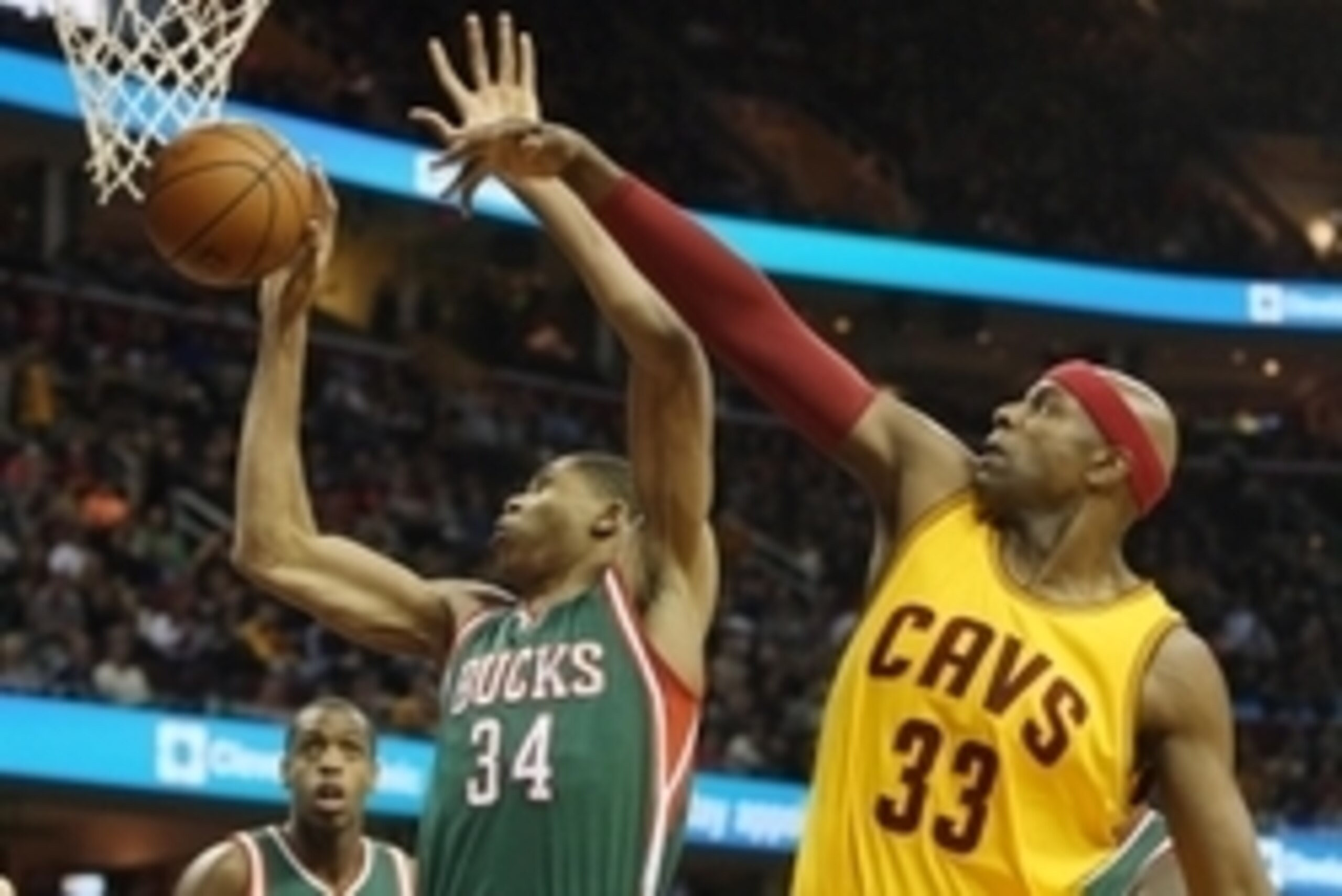 Dec 31, 2014; Cleveland, OH, USA; Cleveland Cavaliers center Brendan Haywood (33) battles Milwaukee Bucks guard Giannis Antetokounmpo (34) for a rebound during the first quarter at Quicken Loans Arena. Mandatory Credit: Ron Schwane-USA TODAY Sports