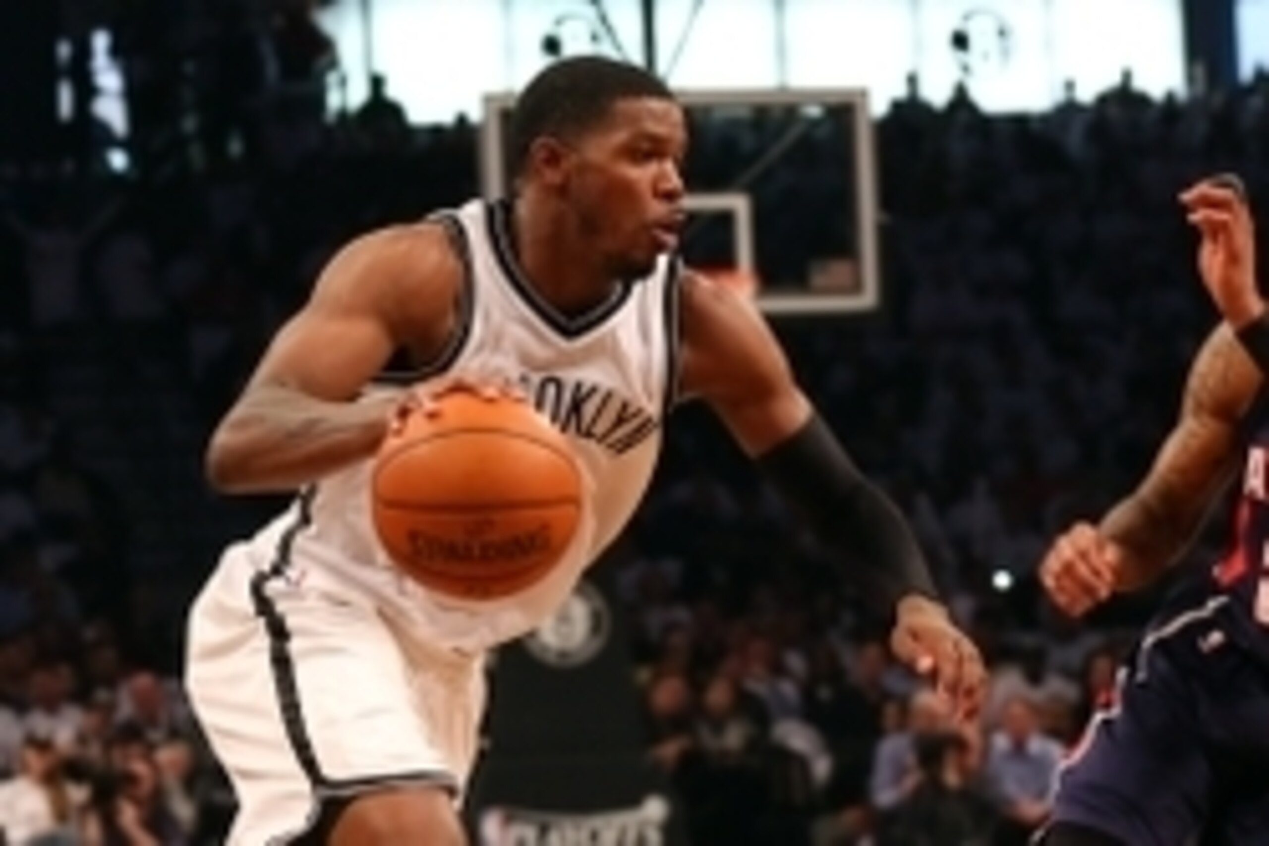 Apr 27, 2015; Brooklyn, NY, USA; Brooklyn Nets forward Joe Johnson (7) drives during the second quarter against the Atlanta Hawks in game four of the first round of the NBA Playoffs. at Barclays Center. Mandatory Credit: Anthony Gruppuso-USA TODAY Sports
