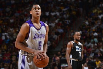 LAS VEGAS, NV - JULY 10: Jordan Clarkson #6 of the Los Angeles Lakers shoots against the Minnesota Timberwolves during NBA Summer League on July 10, 2012 at Cox Pavilion in Las Vegas, Nevada. NOTE TO USER: User expressly acknowledges and agrees that, by d