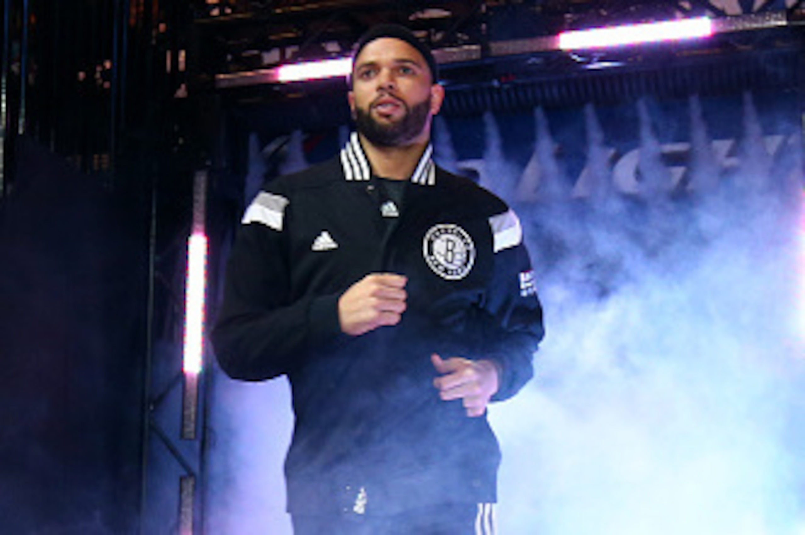 NEW YORK, NY - APRIL 25: Deron Williams #8 of the Brooklyn Nets gets introduced before a game against the Atlanta Hawks in Game Three of the Eastern Conference Quarterfinals during the 2015 NBA Playoffs on April 25, 2015 at the Barclays Center in the Broo
