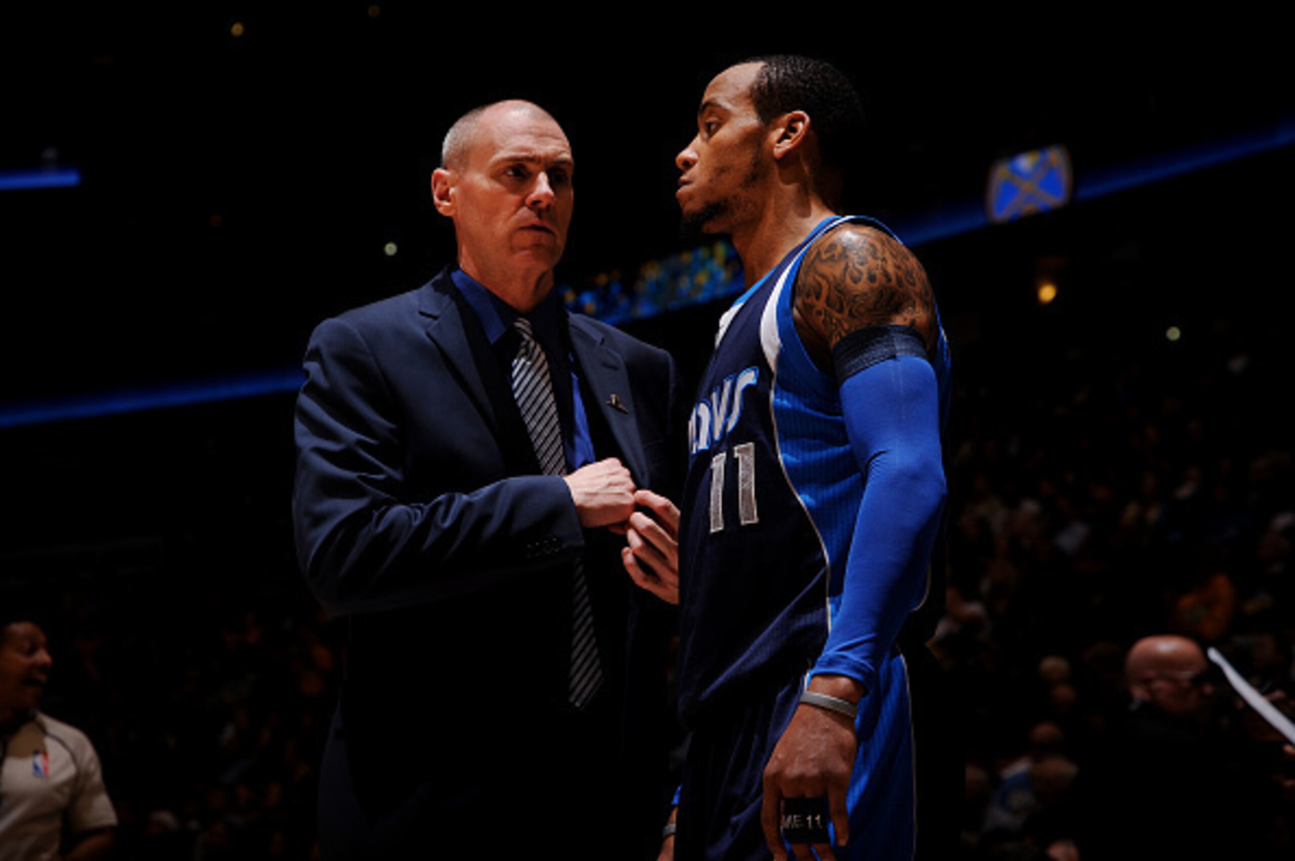 DENVER, CO - January 14: Rick Carlisle and Monta Ellis #11 of the Dallas Mavericks speak during a game against the Denver Nuggets on January 14, 2015 at the Pepsi Center in Denver, Colorado. NOTE TO USER: User expressly acknowledges and agrees that, by do