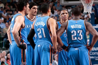 DALLAS, TX - MARCH 16: The Oklahoma City Thunder huddle during a game against the Dallas Mavericks on March 16, 2015 at the American Airlines Center in Dallas, Texas. NOTE TO USER: User expressly acknowledges and agrees that, by downloading and or using t