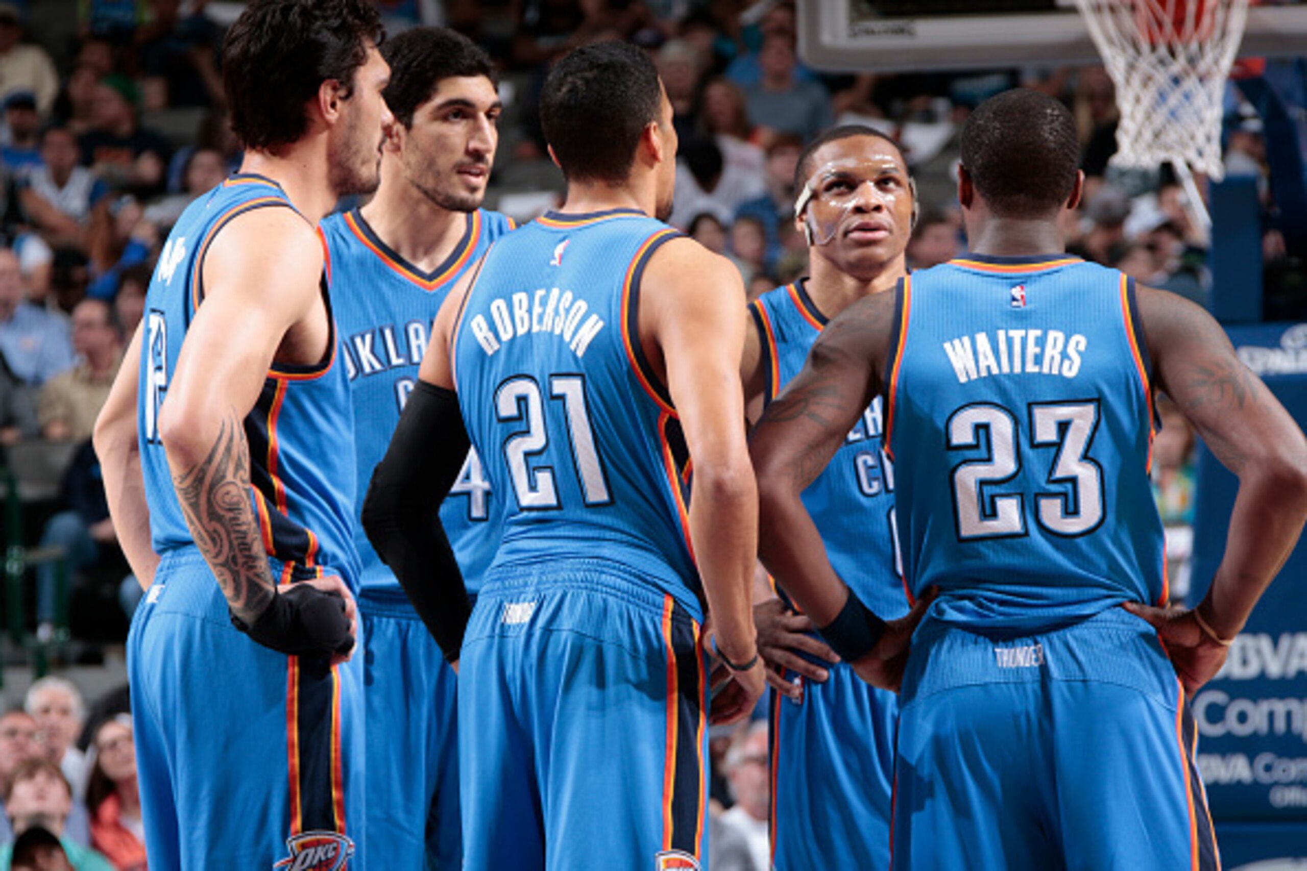 DALLAS, TX - MARCH 16: The Oklahoma City Thunder huddle during a game against the Dallas Mavericks on March 16, 2015 at the American Airlines Center in Dallas, Texas. NOTE TO USER: User expressly acknowledges and agrees that, by downloading and or using t