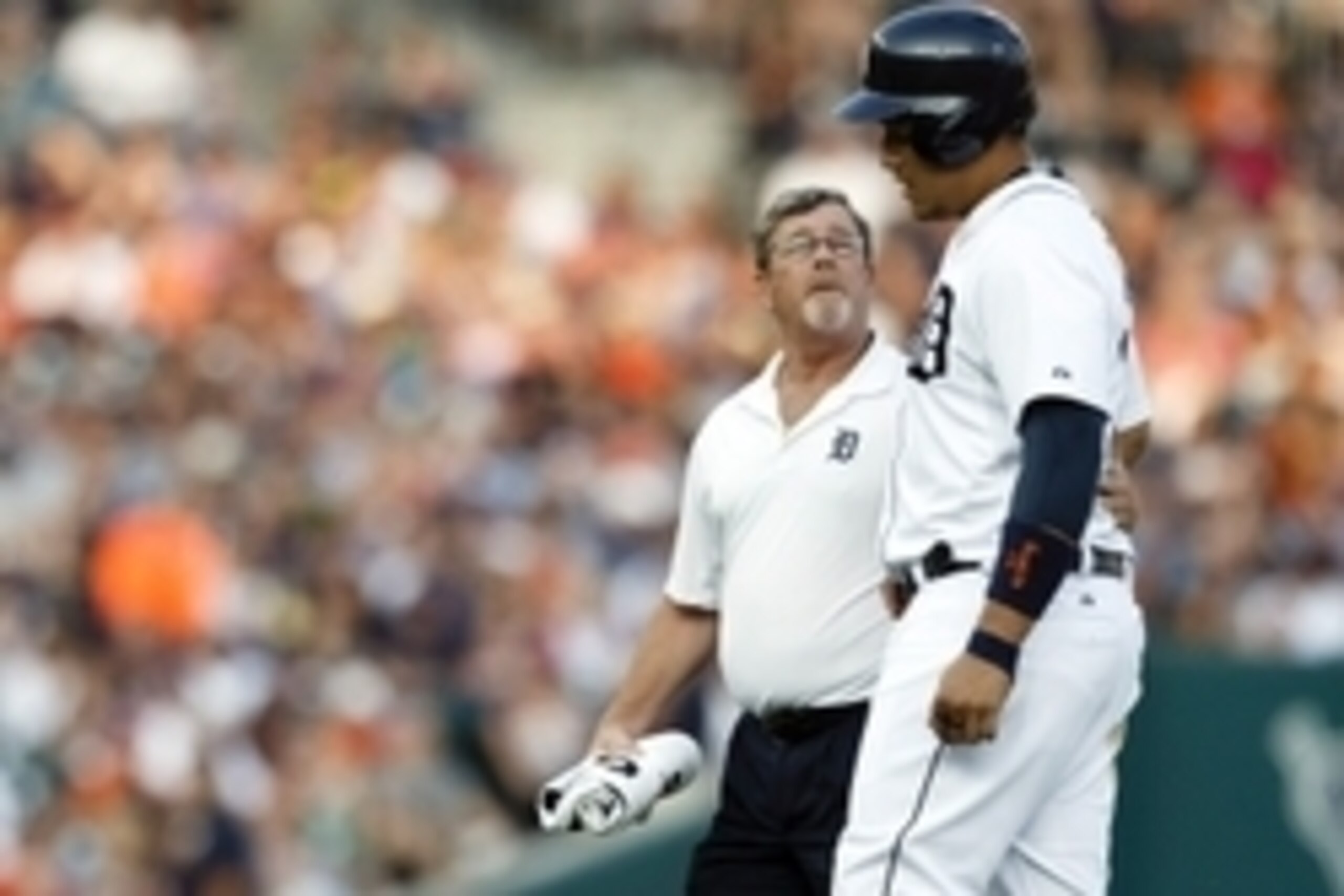 Jul 3, 2015; Detroit, MI, USA; Detroit Tigers first baseman Miguel Cabrera (24) is helped off the field by trainer Kevin Rand after getting injured in the fourth inning against the Toronto Blue Jays at Comerica Park. Mandatory Credit: Rick Osentoski-USA T Jul 3, 2015; Detroit, MI, USA; Detroit Tigers first baseman Miguel Cabrera (24) is helped off the field by trainer Kevin Rand after getting injured in the fourth inning against the Toronto Blue Jays at Comerica Park. Mandatory Credit: Rick Osentoski-USA T