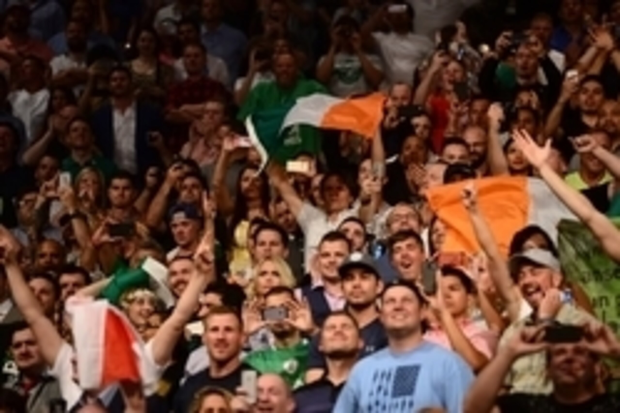 Jul 11, 2015; Las Vegas, NV, USA; Fans cheer during the Chad Mendes (not pictured) and Conor McGregor (not pictured) interim featherweight title bout during UFC 189 at MGM Grand Garden Arena. McGregor won via second round TKO. Mandatory Credit: Joe Campor