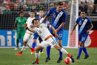 GLENDALE, AZ - JULY 12:  Andres Guardado #18  of Mexico controls the ball under pressure from  Minor Lopez #22 of Guatemala during the first half of the 2015 CONCACAF Gold Cup group C match at University of Phoenix Stadium on July 12, 2015 in Glendale, Ar