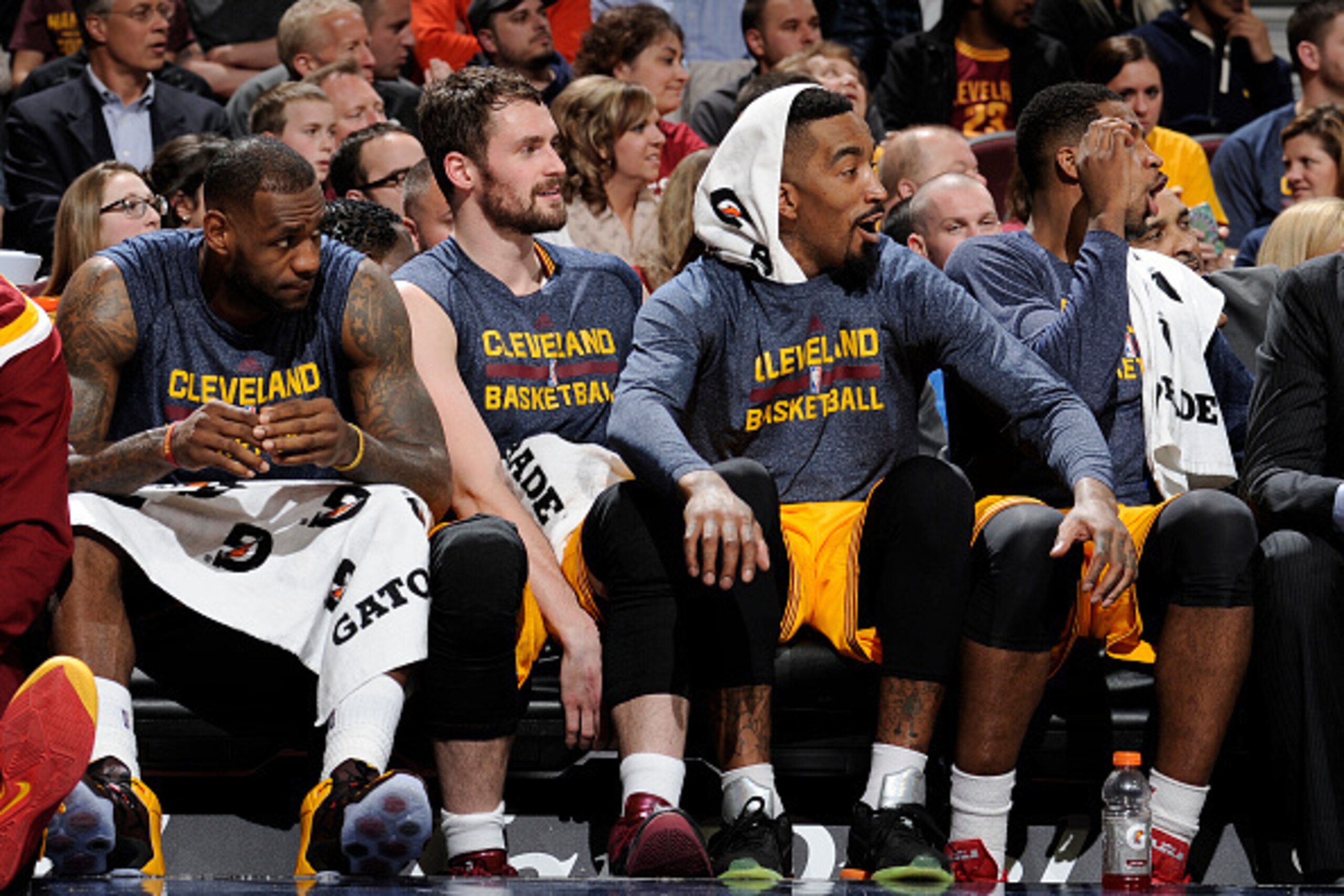 CLEVELAND, OH - MARCH 18: LeBron James #23, Kevin Love #0, and J.R. Smith #5 of the Cleveland Cavaliers react to a play during a game against the Brooklyn Nets on March 18, 2015 at Quicken Loans Arena in Cleveland, Ohio. NOTE TO USER: User expressly ackno CLEVELAND, OH - MARCH 18: LeBron James #23, Kevin Love #0, and J.R. Smith #5 of the Cleveland Cavaliers react to a play during a game against the Brooklyn Nets on March 18, 2015 at Quicken Loans Arena in Cleveland, Ohio. NOTE TO USER: User expressly ackno