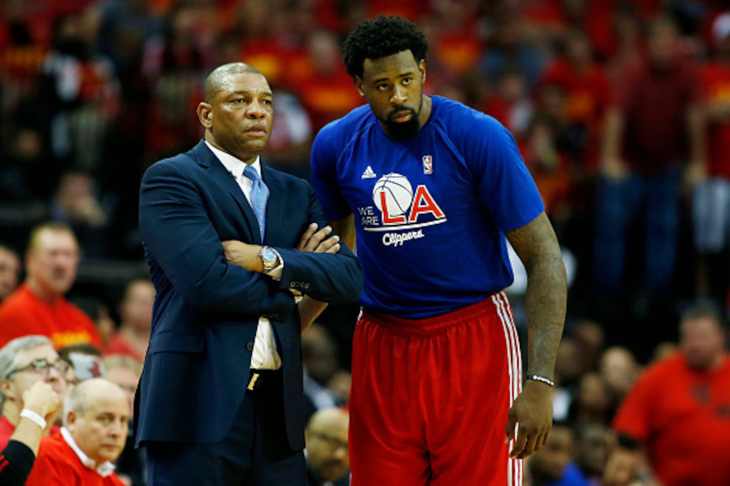 HOUSTON, TX - MAY 17:  Head coach Doc Rivers and DeAndre Jordan #6 of the Los Angeles Clippers react in the fourth quarter against the Houston Rockets during Game Seven of the Western Conference Semifinals at the Toyota Center for the 2015 NBA Playoffs on