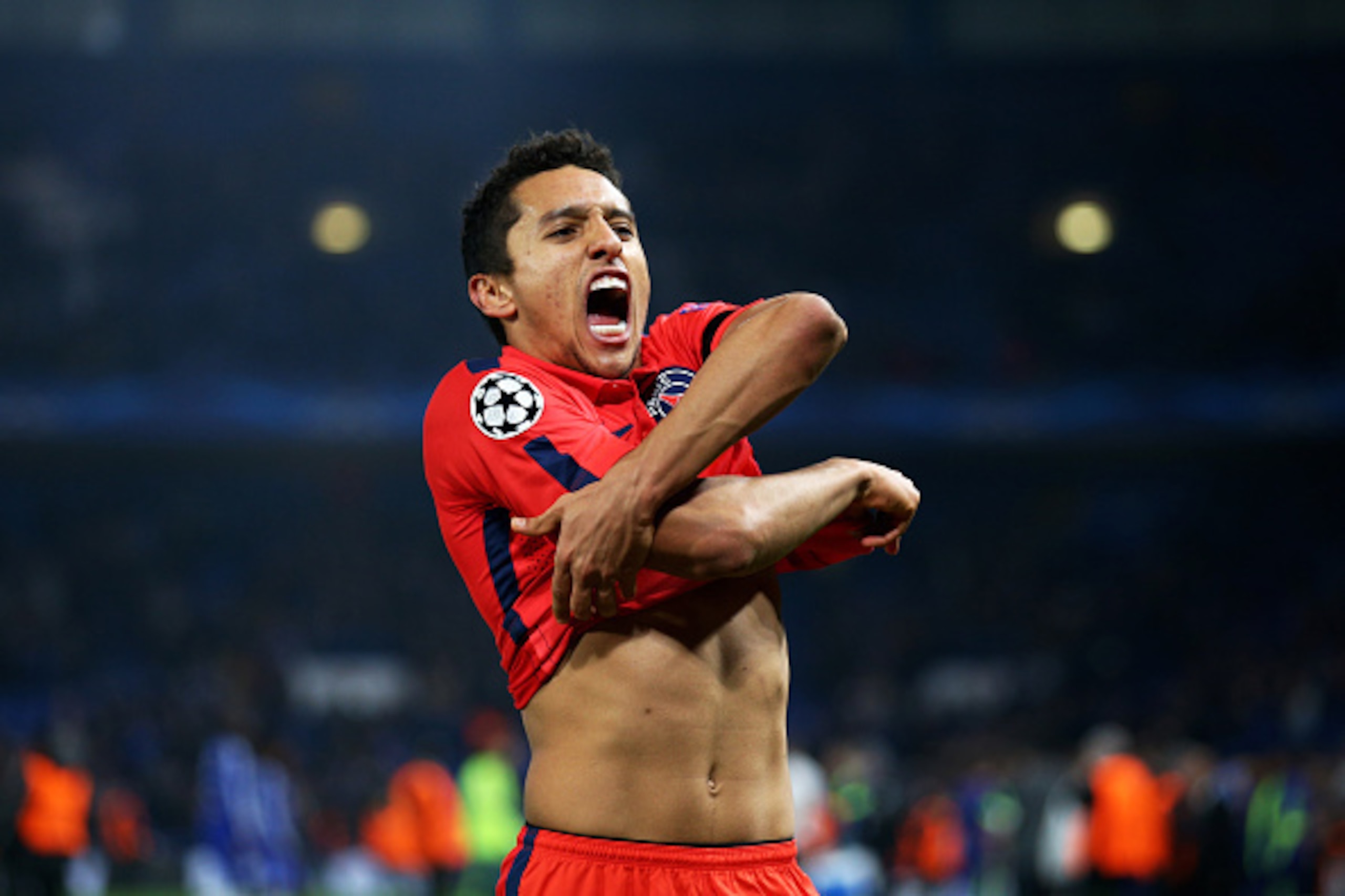LONDON, ENGLAND - MARCH 11:  Marquinhos of PSG celebrates as his team go through on away goals following extra time during the UEFA Champions League Round of 16, second leg match between Chelsea and Paris Saint-Germain at Stamford Bridge on March 11, 2015