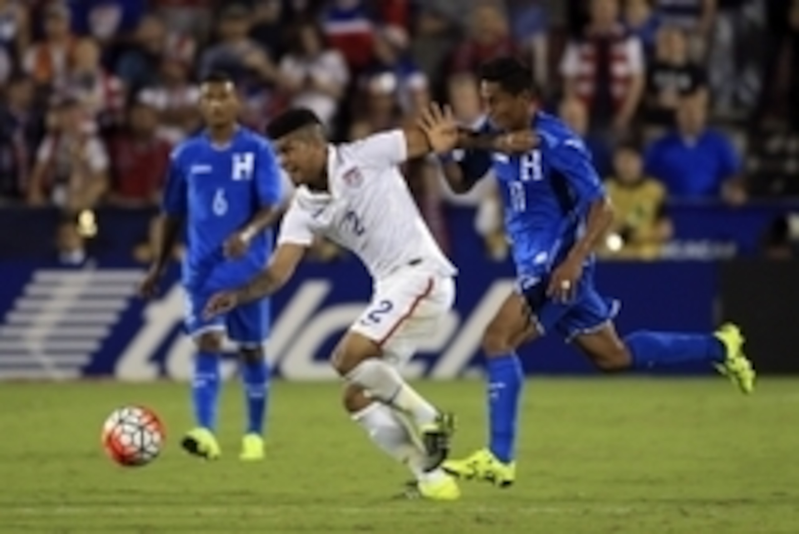 Jul 7, 2015; Dallas, TX, USA; United States defender DeAndre Yedlin (2) controls the ball ahead of Honduras midfielder Andy Najar (17) during the match against Honduras during the 2015 Gold Cup soccer match at Toyota Stadium. Mandatory Credit: Kevin Jaira Jul 7, 2015; Dallas, TX, USA; United States defender DeAndre Yedlin (2) controls the ball ahead of Honduras midfielder Andy Najar (17) during the match against Honduras during the 2015 Gold Cup soccer match at Toyota Stadium. Mandatory Credit: Kevin Jaira