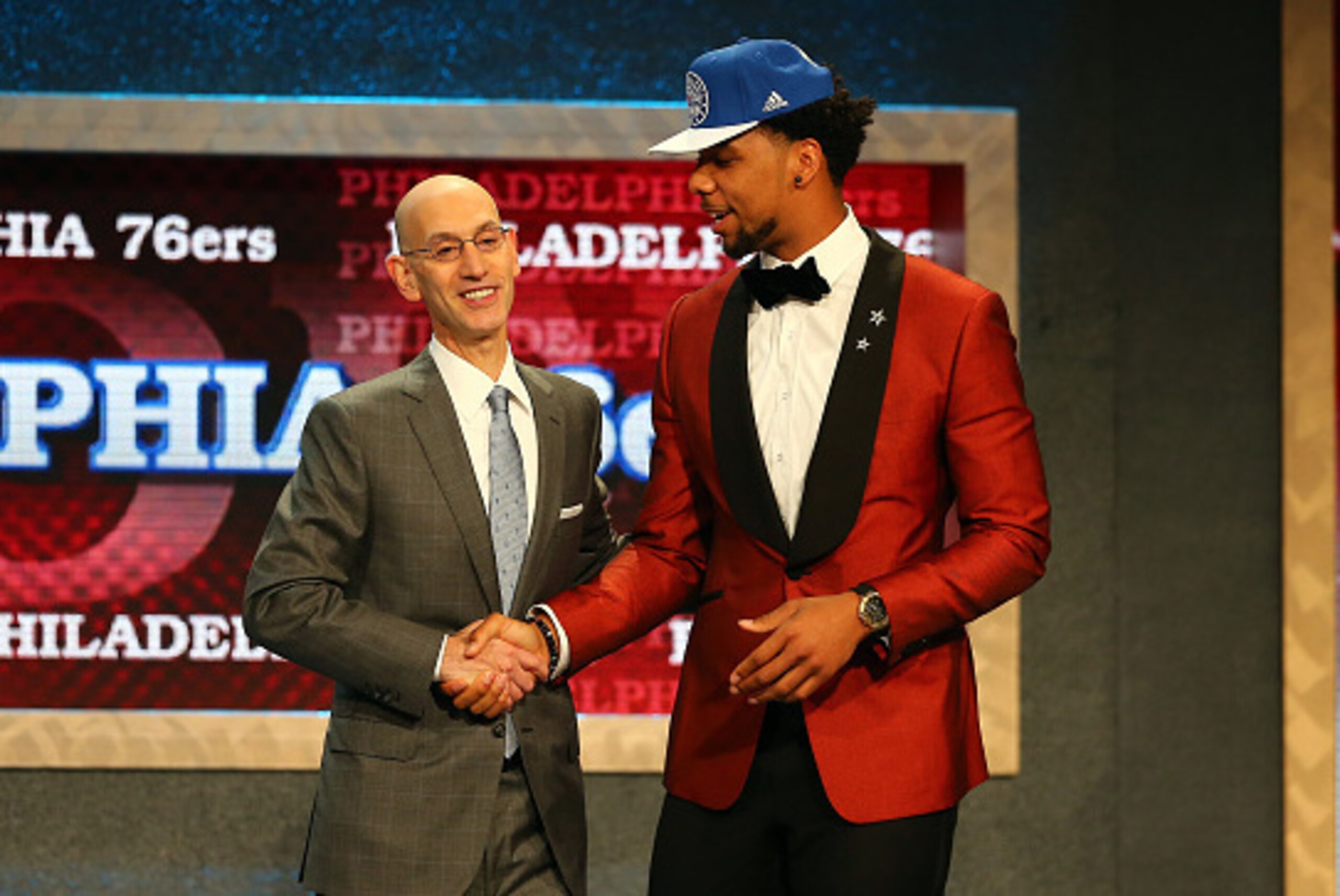 NEW YORK, NY - JUNE 25:  Jahlil Okafor meets with Commissioner Adam Silver after being selected third overall by the Philadelphia 76ers in the First Round of the 2015 NBA Draft at the Barclays Center on June 25, 2015 in the Brooklyn borough of  New York C