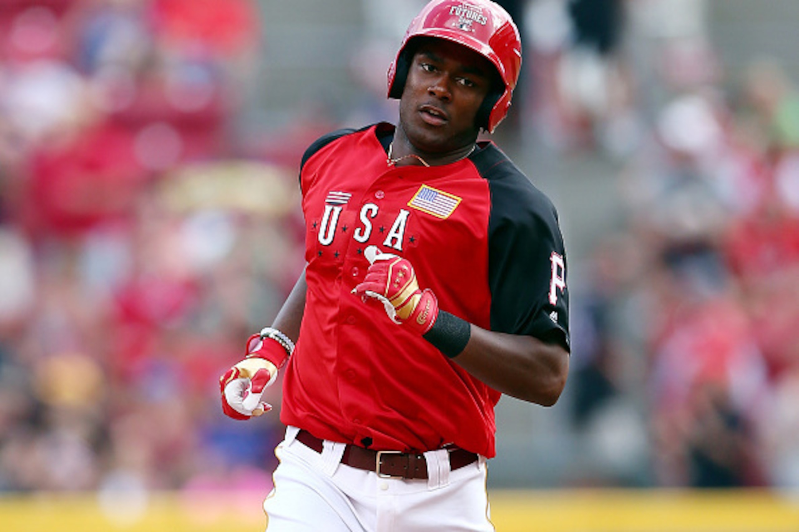 CINCINNATI, OH - JULY 12: Josh Bell #47 of the U.S. Team rounds the bases after hitting a two run home run in the fourth inning against Edwin Diaz #45 of the World Team during the SiriusXM All-Star Futures Game at the Great American Ball Park on July 12, CINCINNATI, OH - JULY 12: Josh Bell #47 of the U.S. Team rounds the bases after hitting a two run home run in the fourth inning against Edwin Diaz #45 of the World Team during the SiriusXM All-Star Futures Game at the Great American Ball Park on July 12,