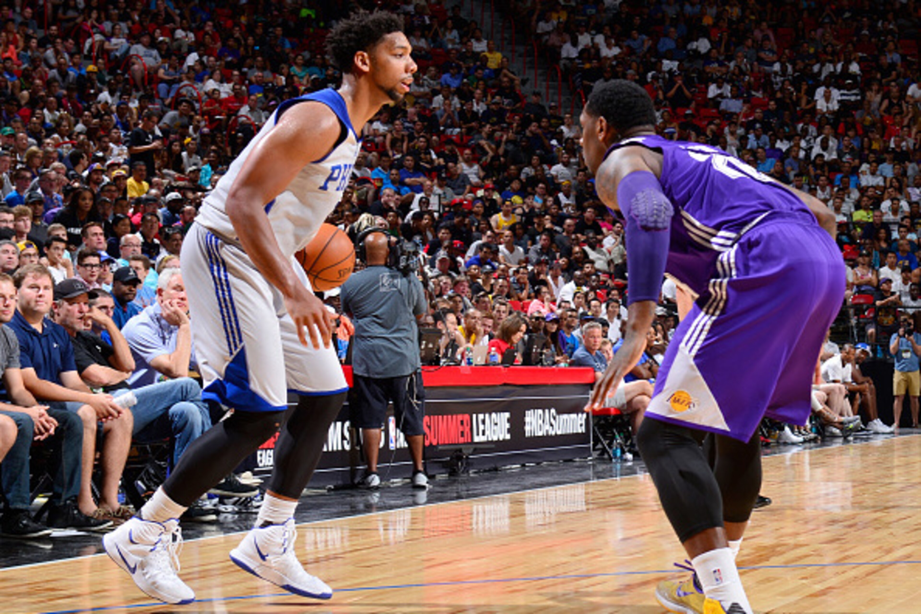 LAS VEGAS, NV - JULY 11:  Jahlil Okafor #8 of the Philadelphia 76ers handles the ball against the Los Angeles Lakers on July 11, 2015 at the Cox Pavilion in Las Vegas, Nevada. NOTE TO USER: User expressly acknowledges and agrees that, by downloading and o