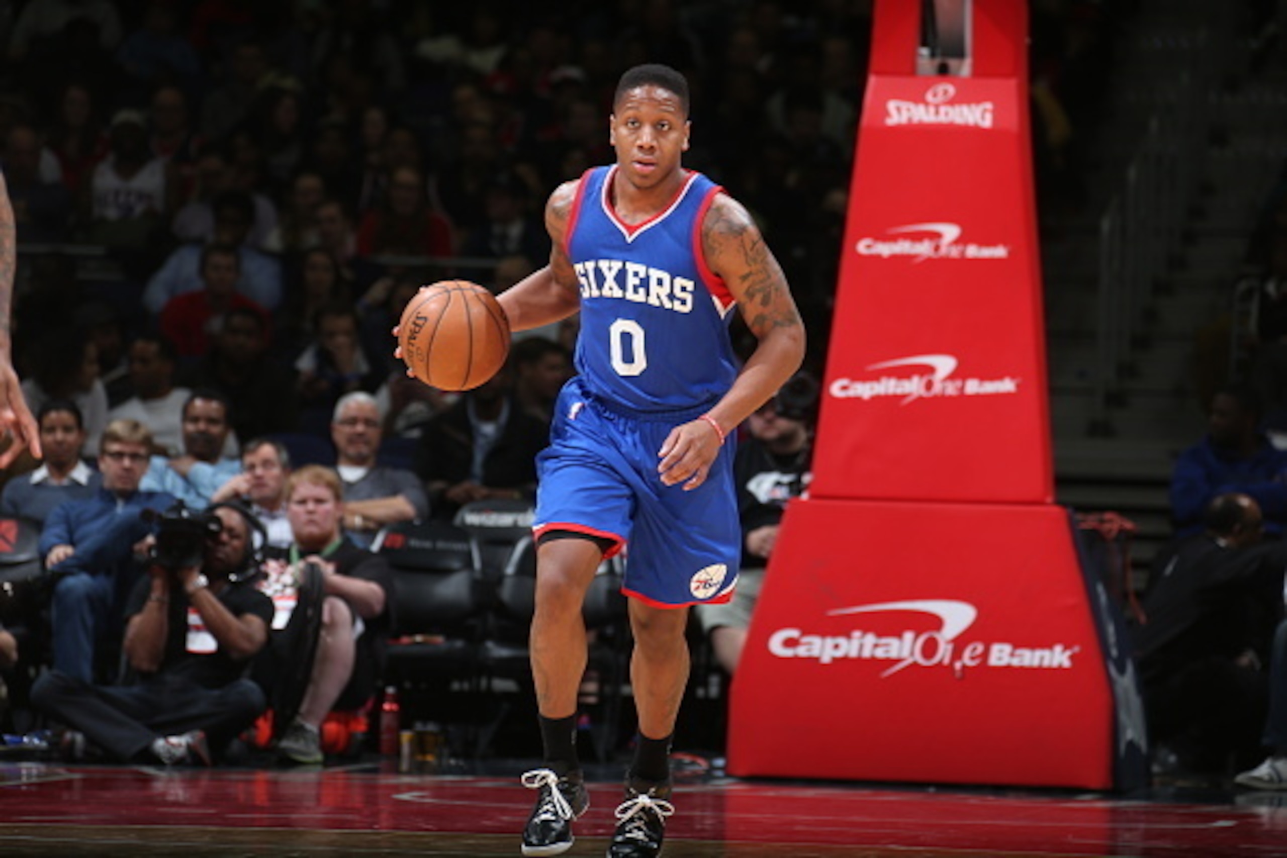 WASHINGTON, DC - APRIL 1:  Isaiah Canaan #0 of the Philadelphia 76ers brings the ball up court against the Washington Wizards on April 1, 2015 at the Verizon Center in Washington, DC. NOTE TO USER: User expressly acknowledges and agrees that, by downloadi