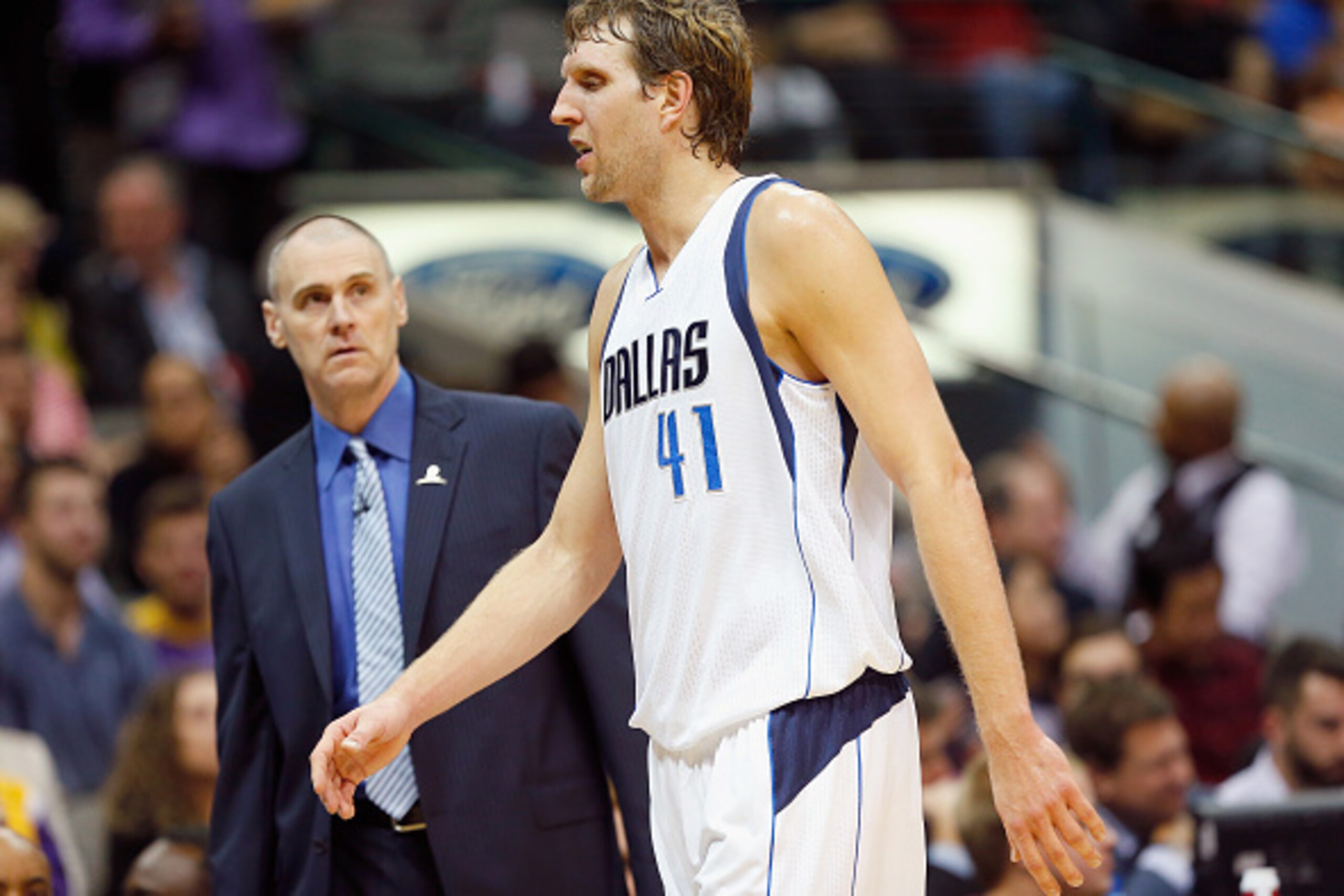 DALLAS, TX - NOVEMBER 21:  Dirk Nowitzki #41 of the Dallas Mavericks reacts against the Los Angeles Lakers as head coach Rick Carlisle of the Dallas Mavericks  in the first quarter at American Airlines Center on November 21, 2014 in Dallas, Texas. NOTE TO
