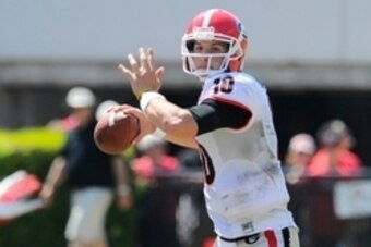 Apr 12, 2014; Athens, GA, USA; Georgia Bulldogs quarterback Faton Bauta (10) throws the ball during the second half of the Georgia Spring Game at Sanford Stadium. The Red team won 27-24. Mandatory Credit: Dale Zanine-USA TODAY Sports