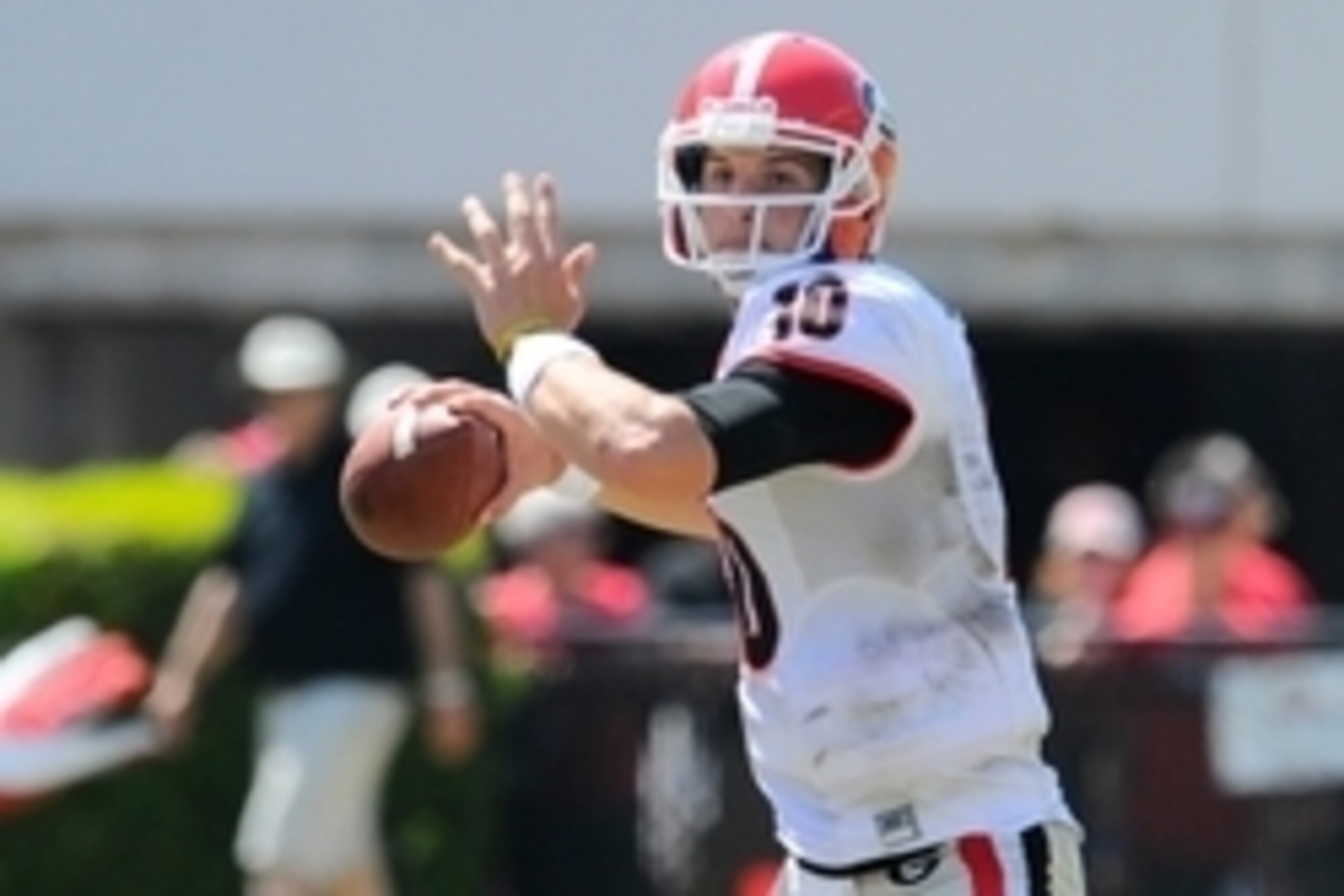 Apr 12, 2014; Athens, GA, USA; Georgia Bulldogs quarterback Faton Bauta (10) throws the ball during the second half of the Georgia Spring Game at Sanford Stadium. The Red team won 27-24. Mandatory Credit: Dale Zanine-USA TODAY Sports Apr 12, 2014; Athens, GA, USA; Georgia Bulldogs quarterback Faton Bauta (10) throws the ball during the second half of the Georgia Spring Game at Sanford Stadium. The Red team won 27-24. Mandatory Credit: Dale Zanine-USA TODAY Sports