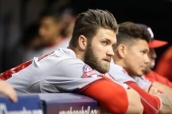 Jun 15, 2015; St. Petersburg, FL, USA; Washington Nationals designator hitter Bryce Harper (34) against the Tampa Bay Rays at Tropicana Field. Tampa Bay Rays defeated the Washington Nationals 6-1. Mandatory Credit: Kim Klement-USA TODAY Sports