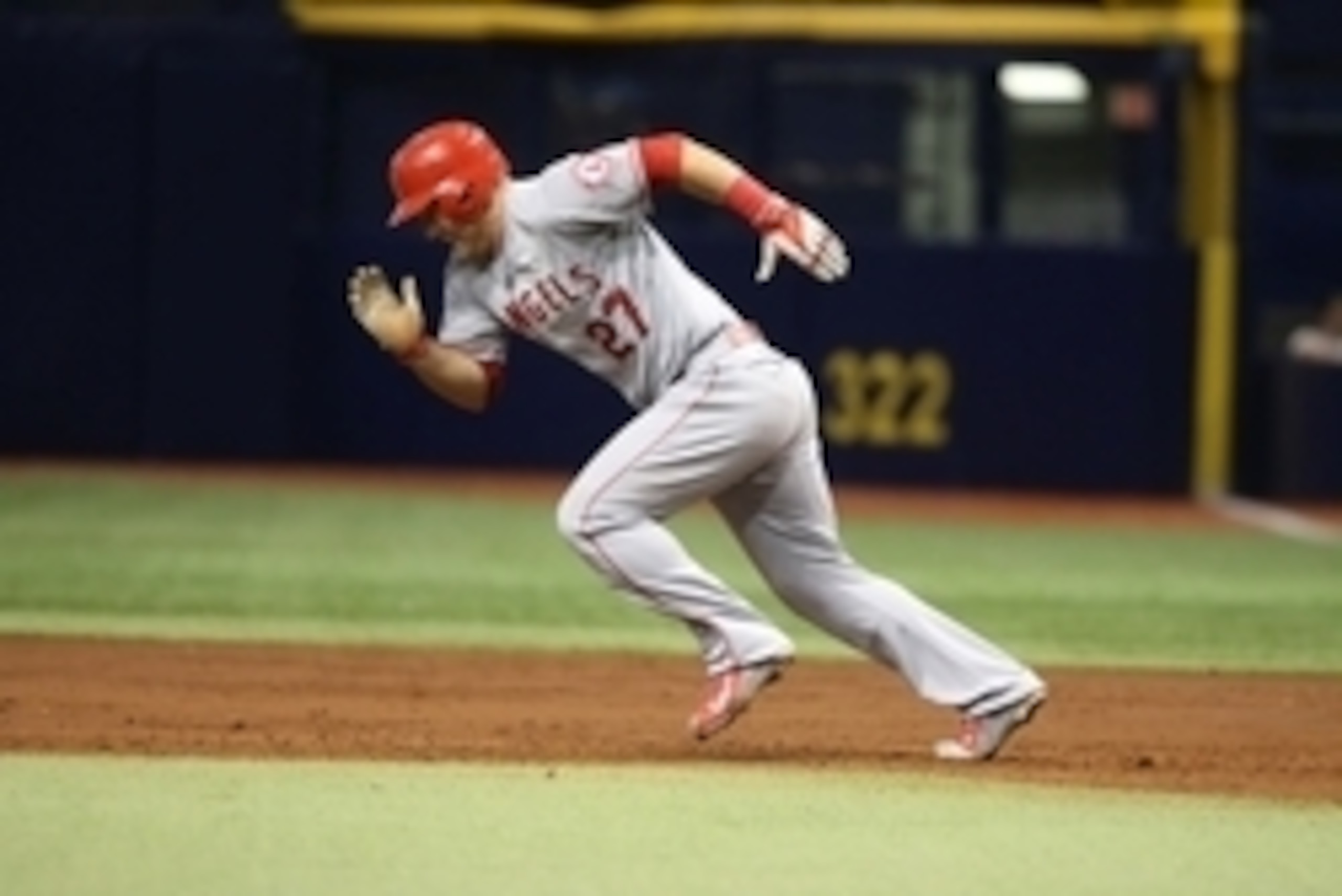 Jun 10, 2015; St. Petersburg, FL, USA; Los Angeles Angels center fielder Mike Trout (27) runs to second base at Tropicana Field. Mandatory Credit: Kim Klement-USA TODAY Sports