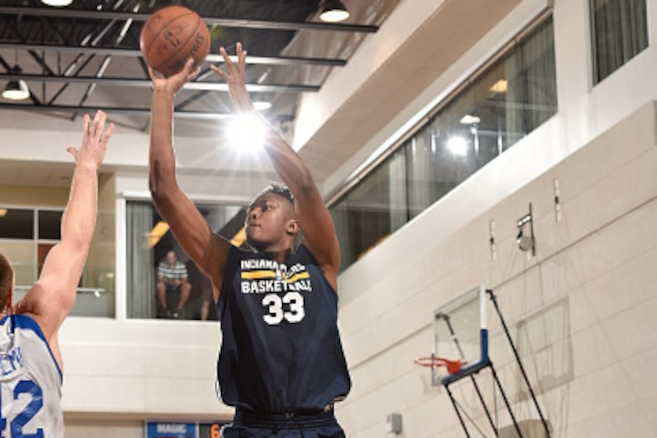 ORLANDO, FL - JULY 8: Myles Turner #33 of the Indiana Pacers shoots the ball against the Detroit Pistons on July 8, 2015 at Amway Center in Orlando, Florida. NOTE TO USER: User expressly acknowledges and agrees that, by downloading and or using this photo