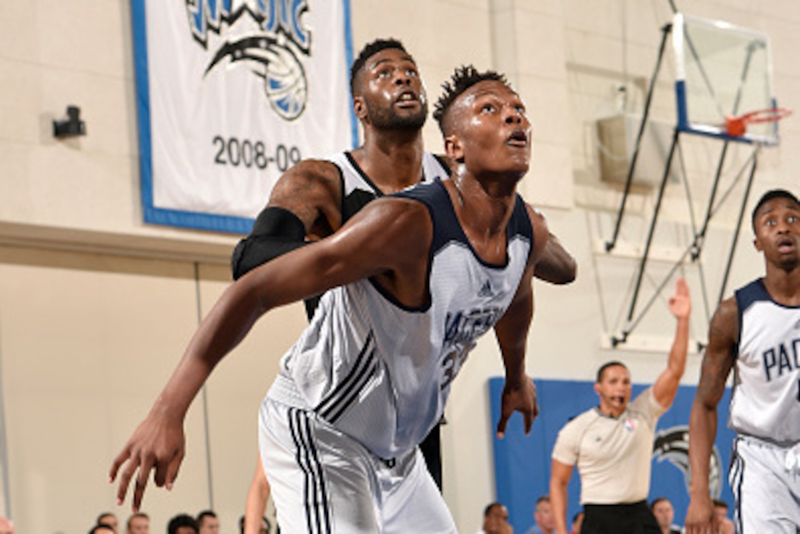 ORLANDO, FL - JULY 4: Myles Turner #33 of the Indiana Pacers battles for position against the Miami Heat on July 4, 2015 at Amway Center in Orlando, Florida. NOTE TO USER: User expressly acknowledges and agrees that, by downloading and or using this photo
