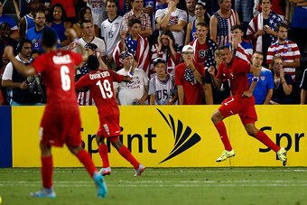 KANSAS CITY, KS - JULY 13:  Blas Perez #7 of Panama celebrates after scoring a goal during the 1st half of the CONCACAF Gold Cup match against the United States at Sporting Park on July 13, 2015 in Kansas City, Kansas.  (Photo by Jamie Squire/Getty Images