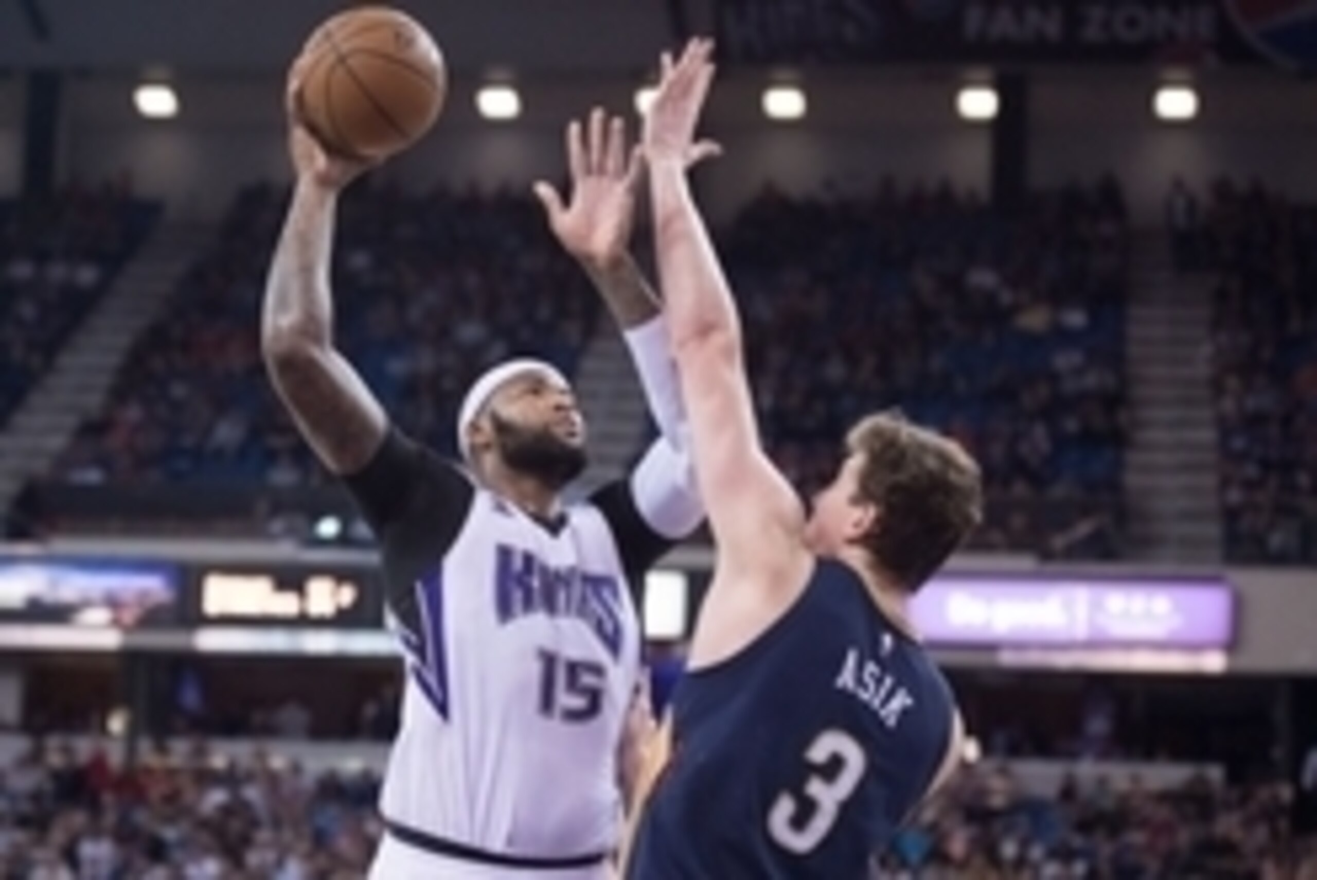 April 3, 2015; Sacramento, CA, USA; Sacramento Kings center DeMarcus Cousins (15) shoots the basketball against New Orleans Pelicans center Omer Asik (3) before the game at Sleep Train Arena. Mandatory Credit: Kyle Terada-USA TODAY Sports April 3, 2015; Sacramento, CA, USA; Sacramento Kings center DeMarcus Cousins (15) shoots the basketball against New Orleans Pelicans center Omer Asik (3) before the game at Sleep Train Arena. Mandatory Credit: Kyle Terada-USA TODAY Sports