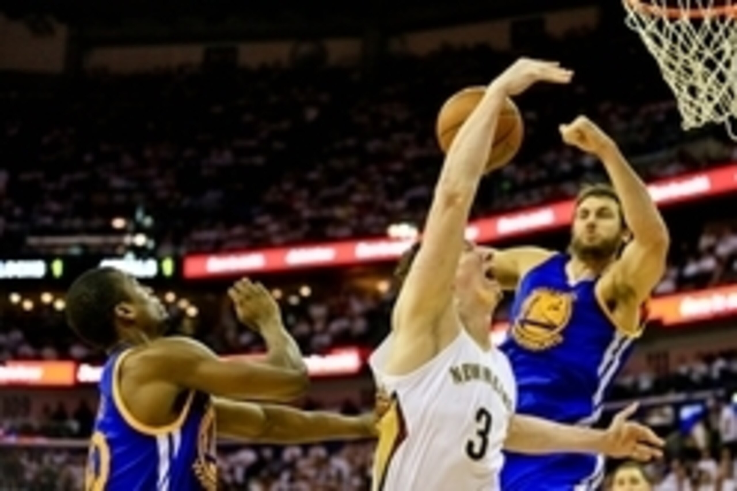 Apr 25, 2015; New Orleans, LA, USA; Golden State Warriors center Andrew Bogut (12) blocks a shot by New Orleans Pelicans center Omer Asik (3) during the second half in game four of the first round of the NBA Playoffs at the Smoothie King Center. The Warri Apr 25, 2015; New Orleans, LA, USA; Golden State Warriors center Andrew Bogut (12) blocks a shot by New Orleans Pelicans center Omer Asik (3) during the second half in game four of the first round of the NBA Playoffs at the Smoothie King Center. The Warri