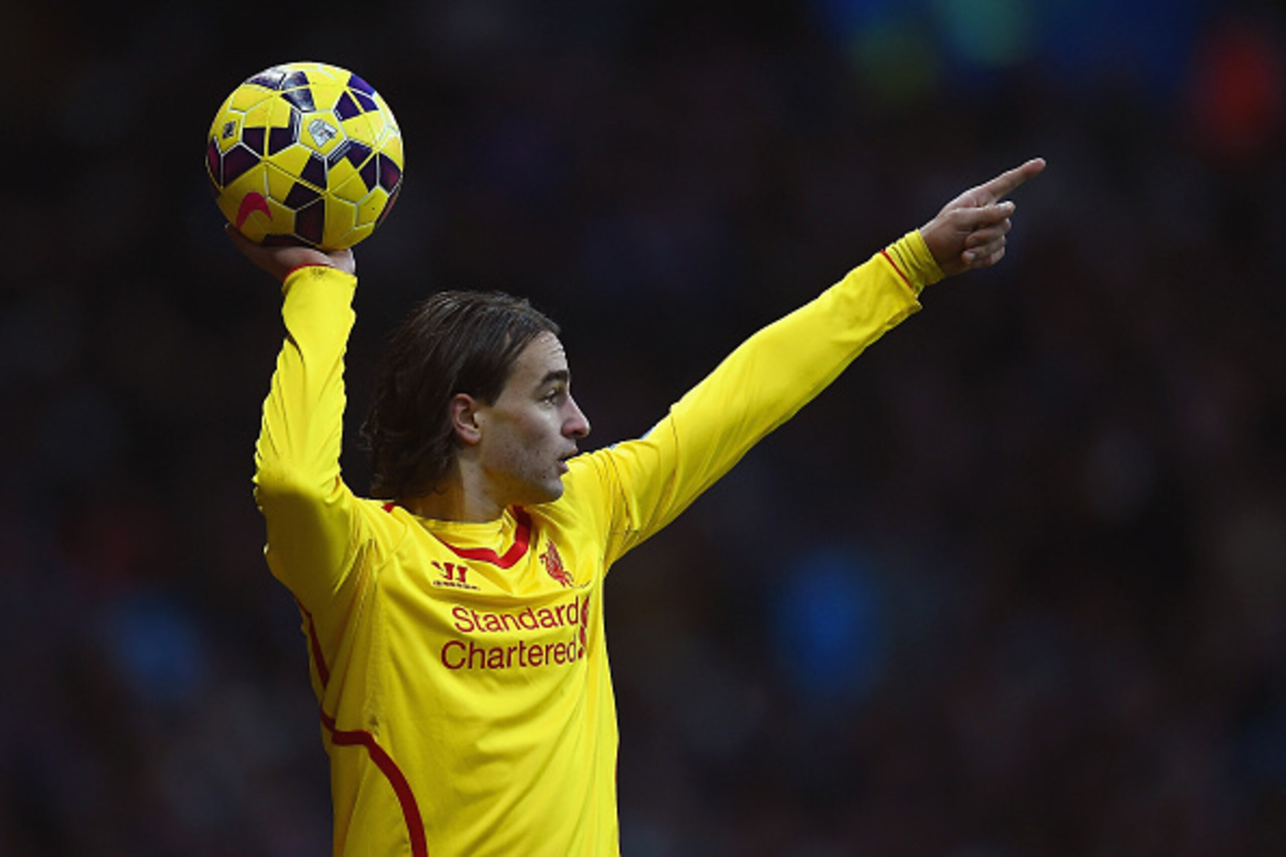 BIRMINGHAM, ENGLAND - JANUARY 17:  Lazar Markovic of Liverpool takes a throw in during the Barclays Premier League match between Aston Villa and Liverpool at Villa Park on January 17, 2015 in Birmingham, England.  (Photo by Laurence Griffiths/Getty Images