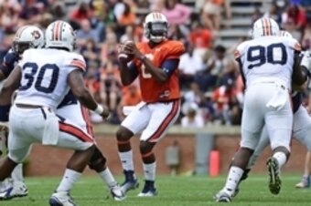 Apr 18, 2015; Auburn, AL, USA; Auburn Tigers quarterback Jeremy Johnson (6) looks to pass during the spring game at Jordan-Hare Stadium. Mandatory Credit: Shanna Lockwood-USA TODAY Sports