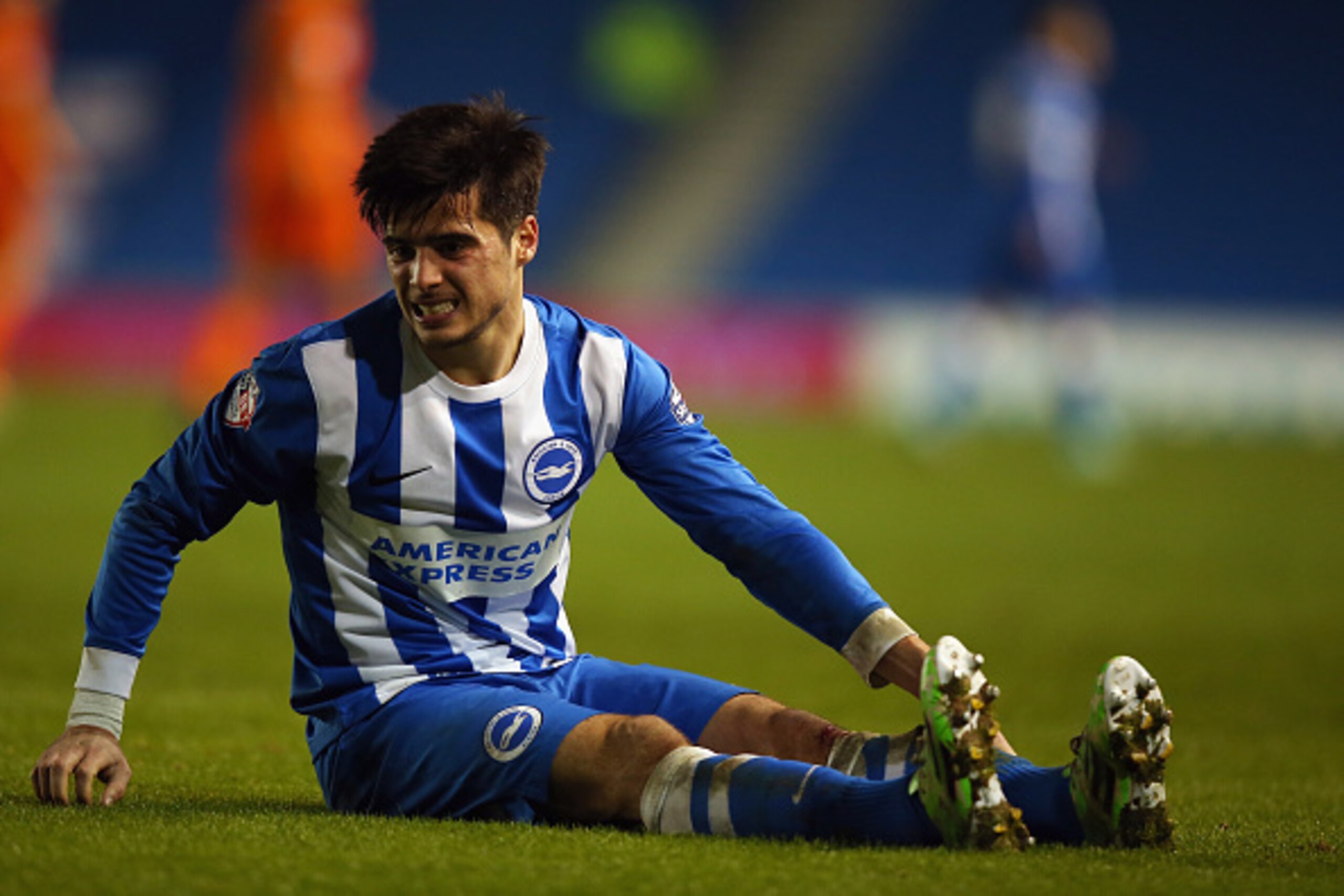 BRIGHTON, ENGLAND - JANUARY 21:  Joao Teixeira of Brighton & Hove Albion reacts to a tackle during the Sky Bet Championship match between Brighton & Hove Albion and Ipswich Town at Amex Stadium on January 21, 2015 in Brighton, England.  (Photo by Bryn Len