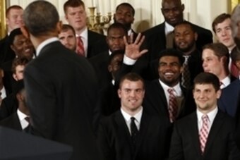 Apr 20, 2015; Washington, DC, USA; Ohio State Buckeyes running back Ezekiel Elliott waves to President Barack Obama (L) during a ceremony honoring the 2014 NCAA football national champions in the East Room at the White House. Mandatory Credit: Geoff Burke
