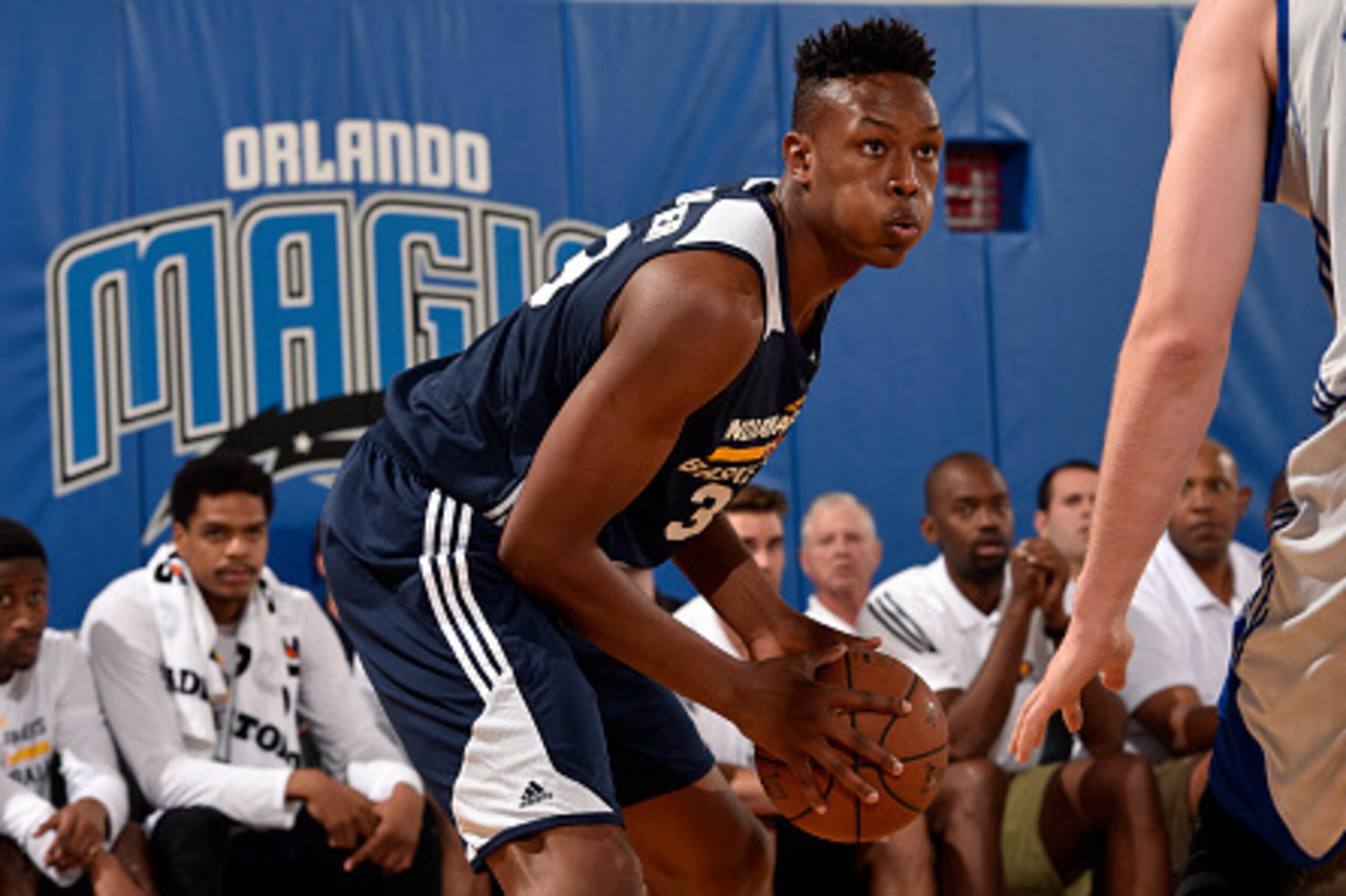 ORLANDO, FL - JULY 8: Myles Turner #33 of the Indiana Pacers handles the ball against the Detroit Pistons on July 8, 2015 at Amway Center in Orlando, Florida. NOTE TO USER: User expressly acknowledges and agrees that, by downloading and or using this phot ORLANDO, FL - JULY 8: Myles Turner #33 of the Indiana Pacers handles the ball against the Detroit Pistons on July 8, 2015 at Amway Center in Orlando, Florida. NOTE TO USER: User expressly acknowledges and agrees that, by downloading and or using this phot