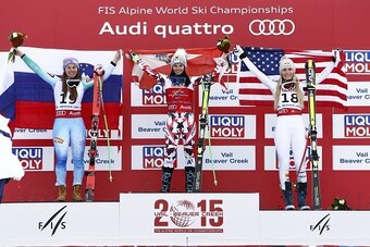 BEAVER CREEK, CO - FEBRUARY 03: (FRANCE OUT) Anna Fenninger of Austria wins the gold medal, Tina Maze of Slovenia wins the silver medal and Lindsey Vonn of the USA wins the bronze medal during the FIS Alpine World Ski Championships Women's Super G on Febr
