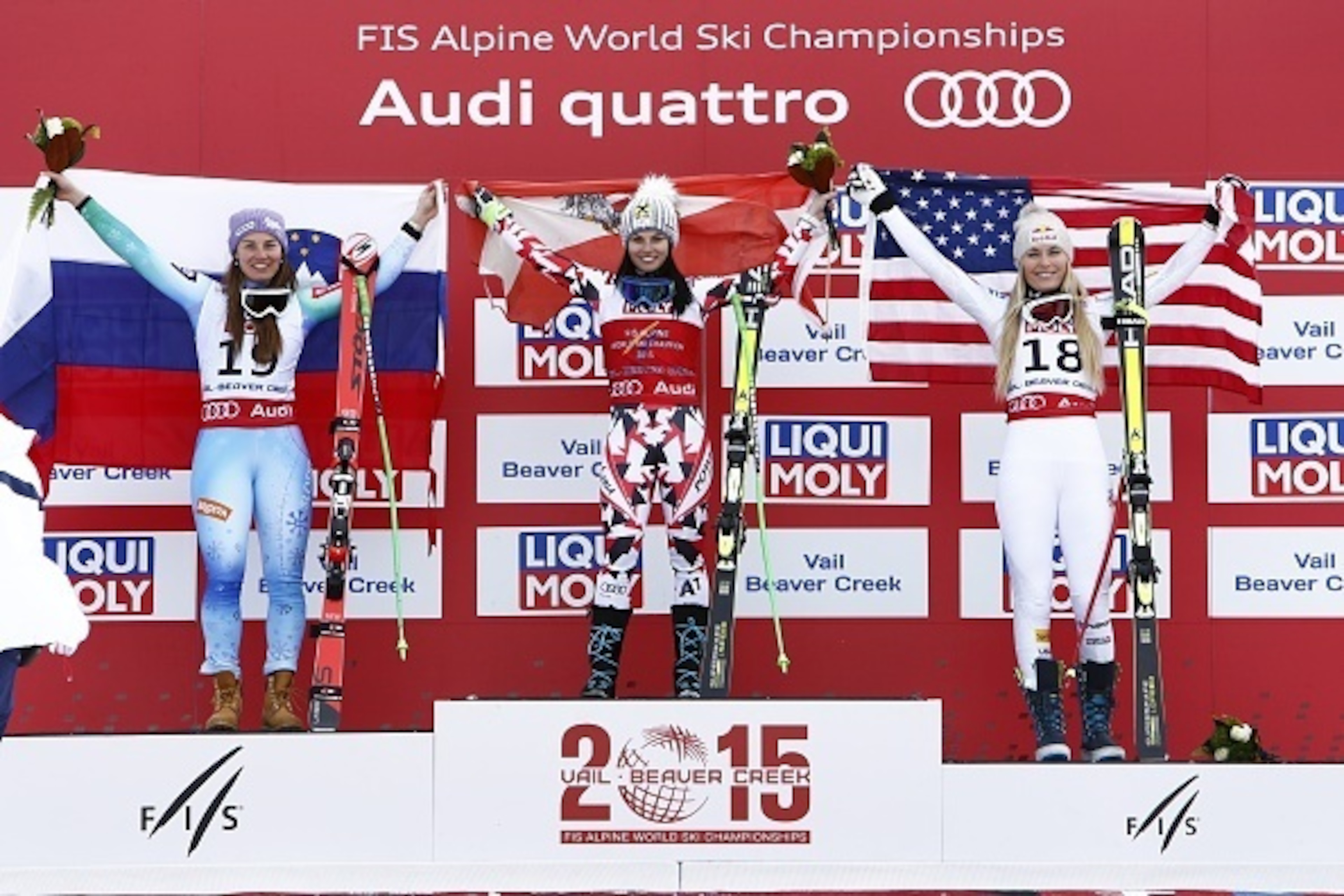BEAVER CREEK, CO - FEBRUARY 03: (FRANCE OUT) Anna Fenninger of Austria wins the gold medal, Tina Maze of Slovenia wins the silver medal and Lindsey Vonn of the USA wins the bronze medal during the FIS Alpine World Ski Championships Women's Super G on Febr