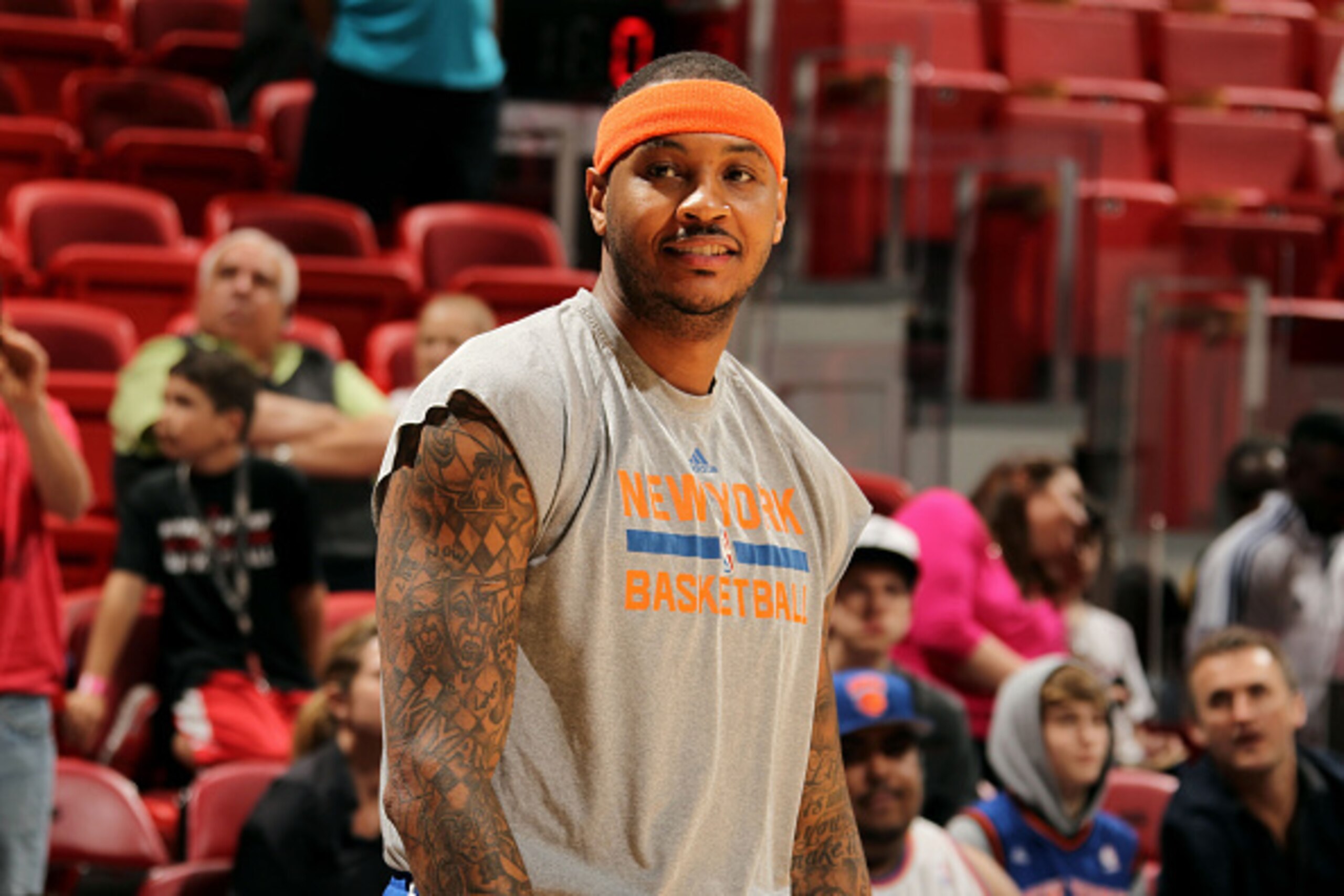 MIAMI, FL - FEBRUARY 9: Carmelo Anthony #7 of the New York Knicks warms up before a game against the Miami Heat on February 9, 2015 at American Airlines Arena in Miami, Florida. NOTE TO USER: User expressly acknowledges and agrees that, by downloading and