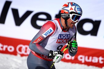 BEAVER CREEK, CO - FEBRUARY 05:  Bode Miller of the United States reacts after crossing the finish following a crash in the Men's Super-G in Red Tail Stadium on Day 4 of the 2015 FIS Alpine World Ski Championships on February 5, 2015 in Beaver Creek, Colo