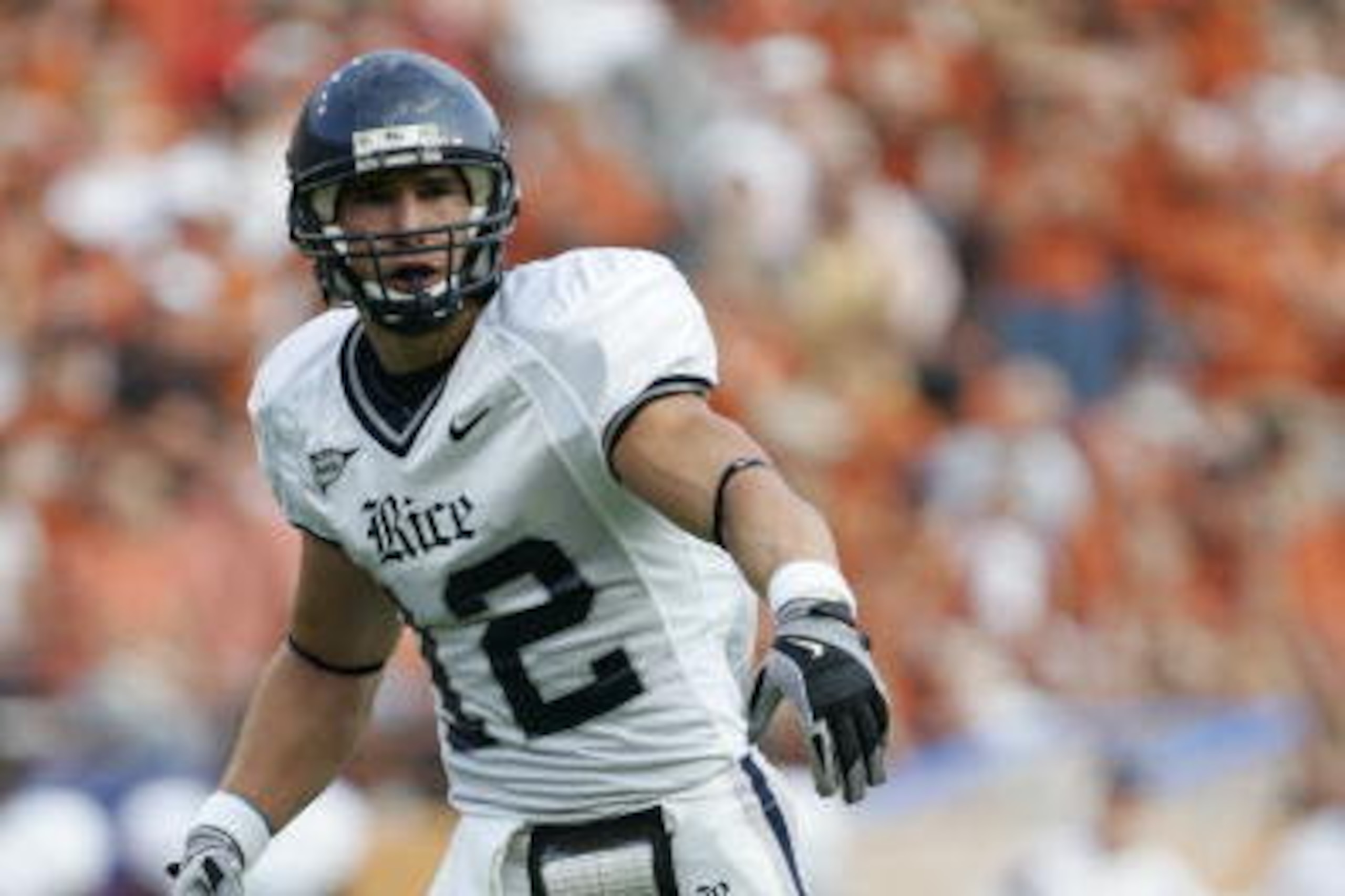 AUSTIN, TX - SEPTEMBER 20:  James Casey #12 of the Rice Owls lines up for a play during the game against the Texas Longhorns on September 20, 2008 at Darrell K Royal-Texas Memorial Stadium in Austin, Texas. Texas won 52-10. (Photo by Brian Bahr/Getty Imag