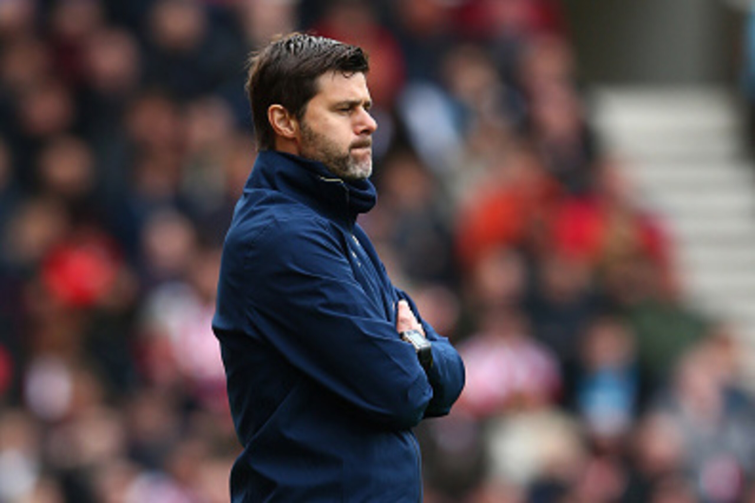 STOKE ON TRENT, ENGLAND - MAY 09:  Mauricio Pochettino manager of Spurs looks thoughtful during the Barclays Premier League match between Stoke City and Tottenham Hotspur at Britannia Stadium on May 9, 2015 in Stoke on Trent, England.  (Photo by Matthew L