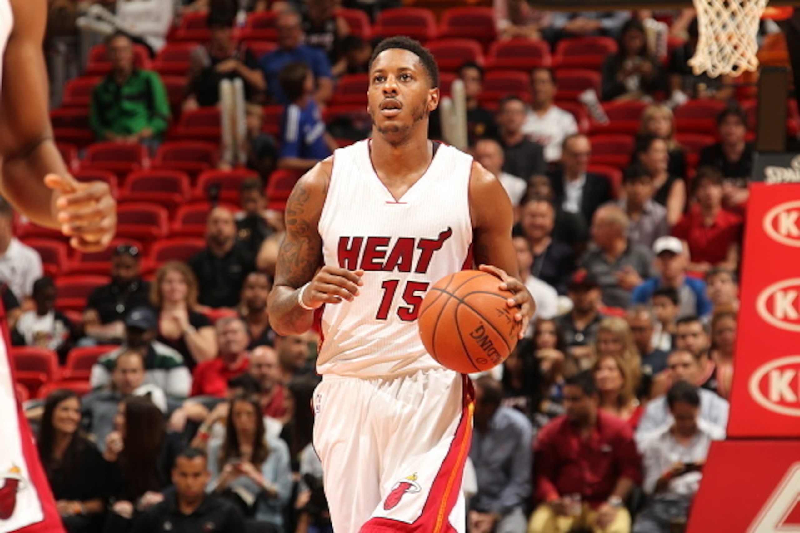 MIAMI, FL - APRIL 13:  Mario Chalmers #15 of the Miami Heat brings the ball up court against the Orlando Magic on April 13, 2015 at American Airlines Arena in Miami, Florida.  NOTE TO USER: User expressly acknowledges and agrees that, by downloading and o