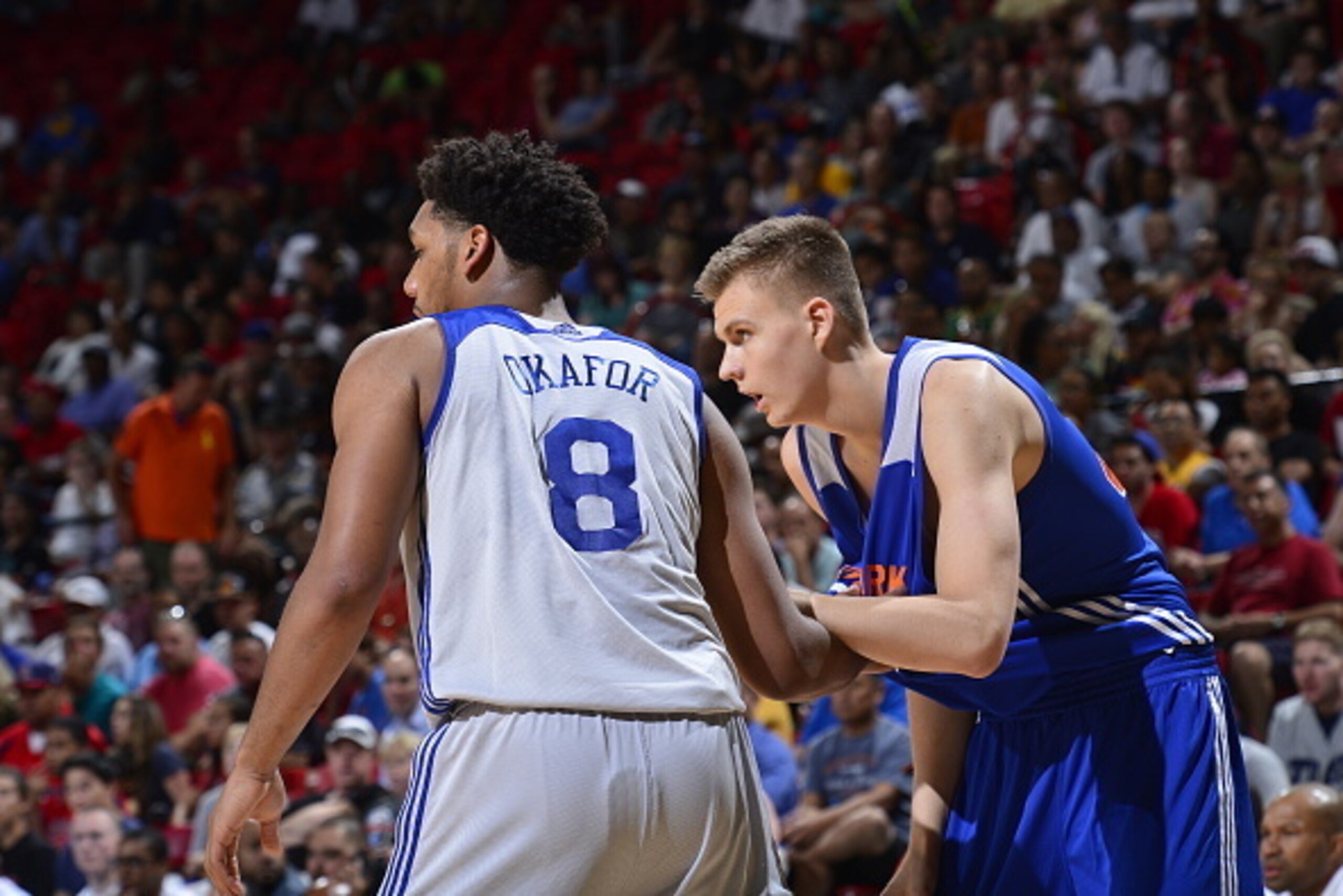 LAS VEGAS, NV - JULY 14: Jahlil Okafor #8 of the Philadelphia 76ers and Kristaps Porzingis #46 of the New York Knicks guard each other during the 2015 NBA Las Vegas Summer League game on July 14, 2015 at the Thomas & Mack Center in Las Vegas, Nevada. NOTE LAS VEGAS, NV - JULY 14: Jahlil Okafor #8 of the Philadelphia 76ers and Kristaps Porzingis #46 of the New York Knicks guard each other during the 2015 NBA Las Vegas Summer League game on July 14, 2015 at the Thomas & Mack Center in Las Vegas, Nevada. NOTE
