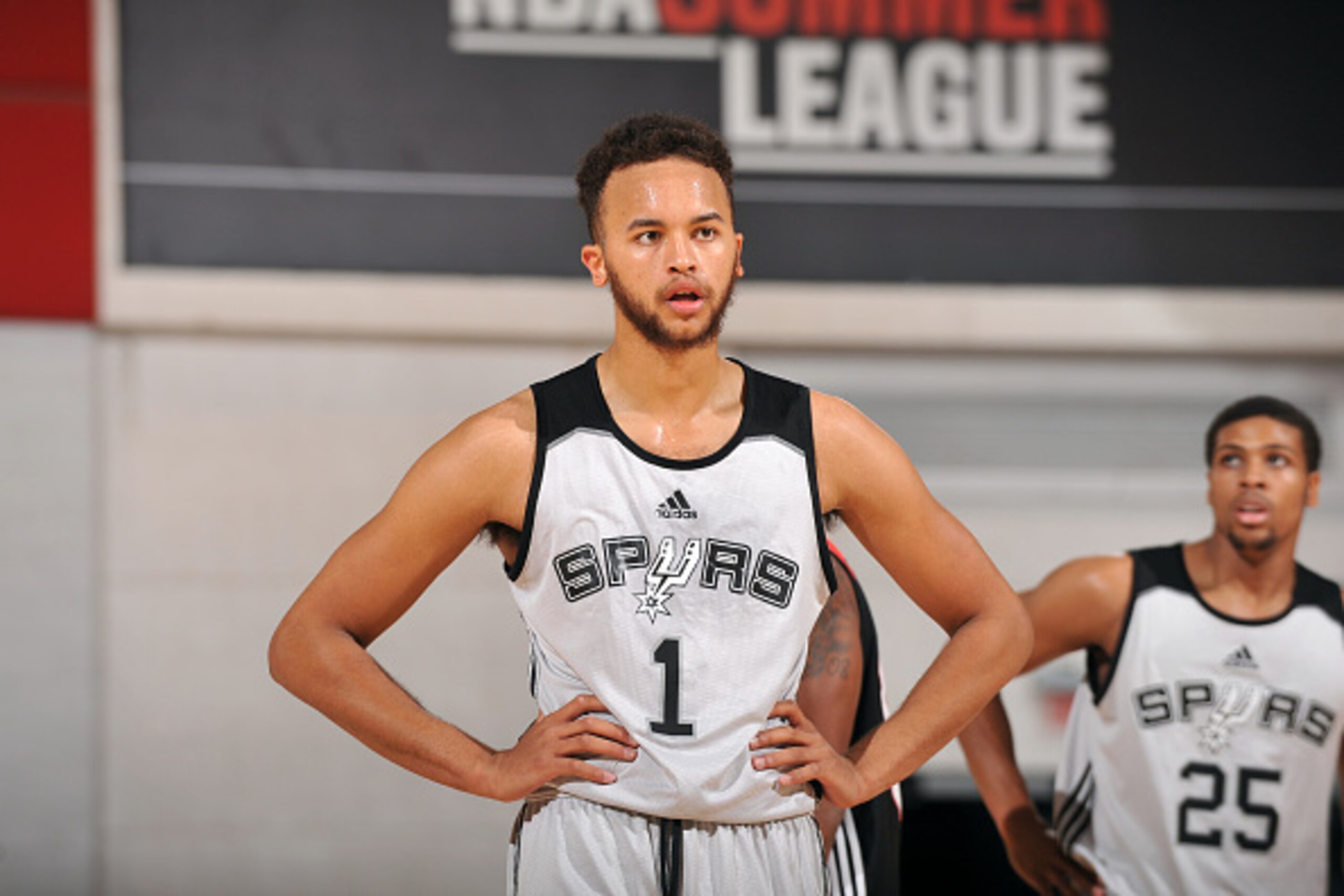 LAS VEGAS, NV - JULY 14: Kyle Anderson #1 of the San Antonio Spurs stands on the court during a game against the Portland Trail Blazers on July 14, 2015 at The Cox Pavilion in Las Vegas, Nevada. NOTE TO USER: User expressly acknowledges and agrees that, b LAS VEGAS, NV - JULY 14: Kyle Anderson #1 of the San Antonio Spurs stands on the court during a game against the Portland Trail Blazers on July 14, 2015 at The Cox Pavilion in Las Vegas, Nevada. NOTE TO USER: User expressly acknowledges and agrees that, b
