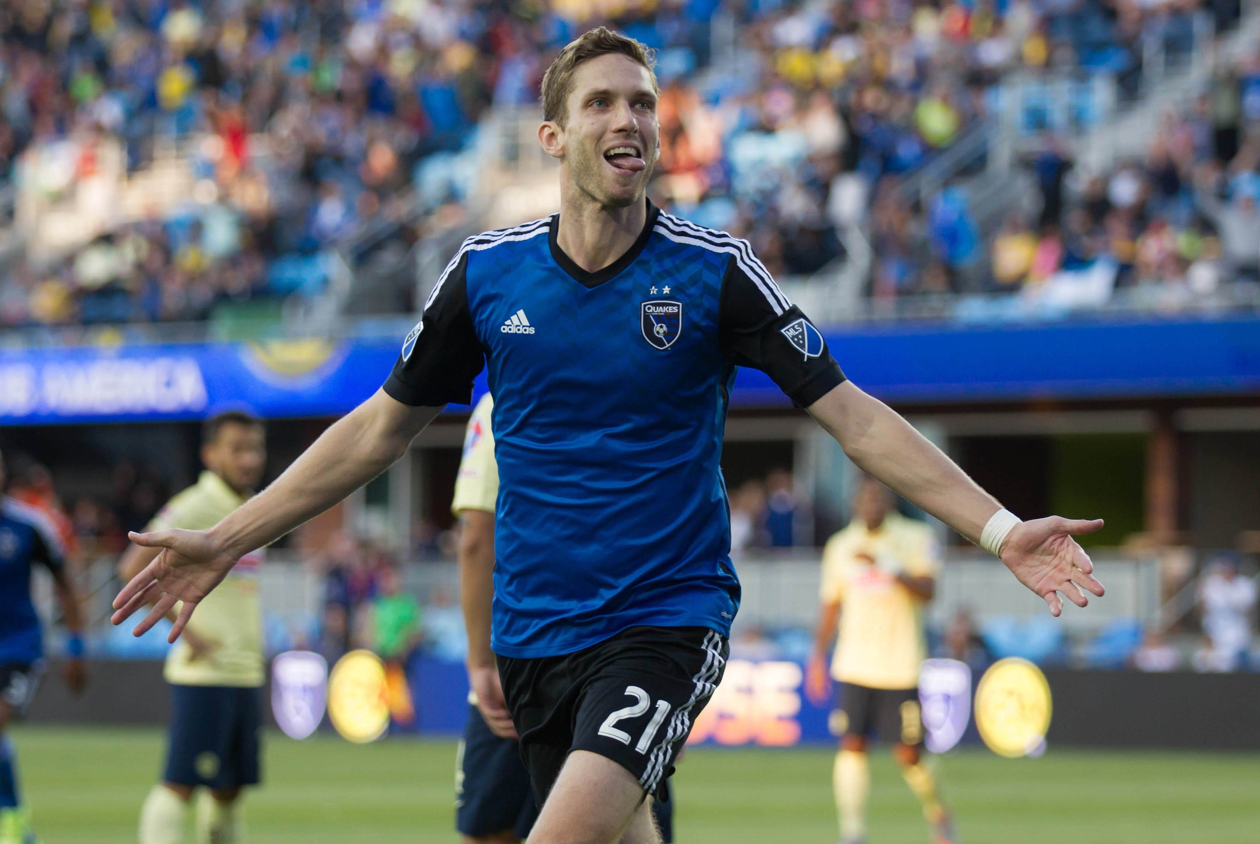Jul 14, 2015; San Jose, CA, USA; San Jose Earthquakes defender Clarence Goodson (21) celebrates after a goal against Club America during the first half at Avaya Stadium. Mandatory Credit: Kelley L Cox-USA TODAY Sports Jul 14, 2015; San Jose, CA, USA; San Jose Earthquakes defender Clarence Goodson (21) celebrates after a goal against Club America during the first half at Avaya Stadium. Mandatory Credit: Kelley L Cox-USA TODAY Sports