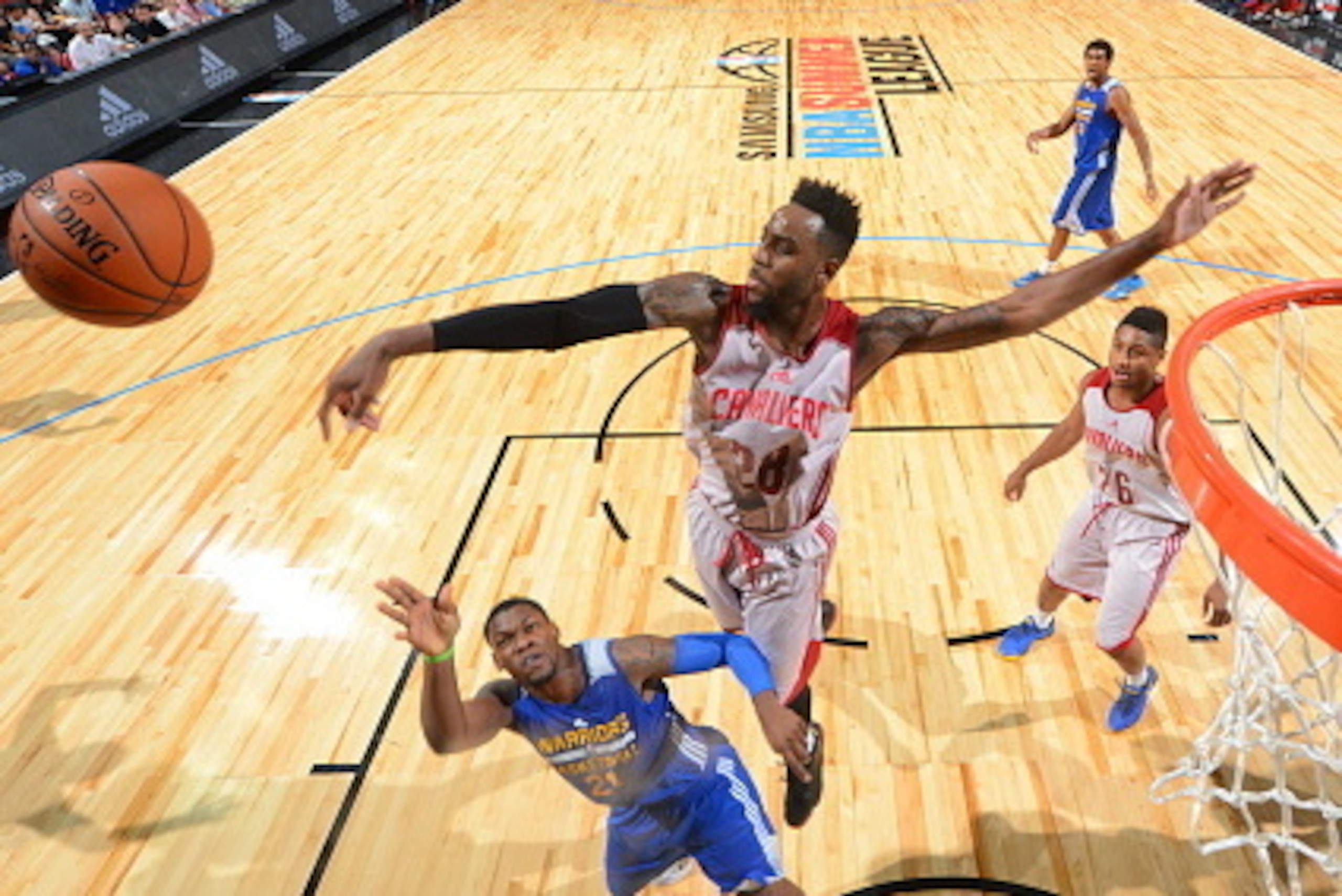 LAS VEGAS, NV - JULY 10: Rakeem Christmas #28 of the Cleveland Cavaliers blocks a shot against the Golden State Warriors on July 10, 2012 at Cox Pavilion in Las Vegas, Nevada. NOTE TO USER: User expressly acknowledges and agrees that, by downloading and/o